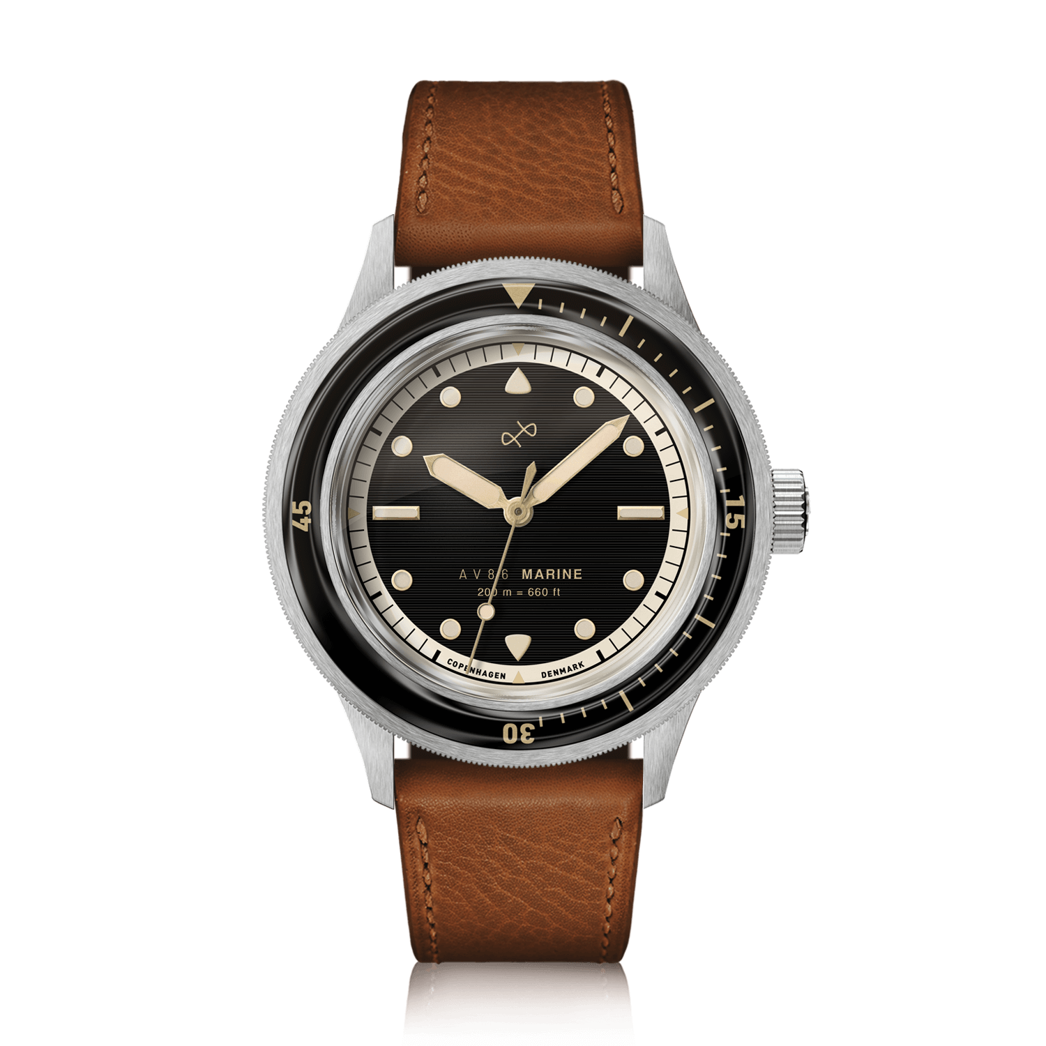 1956 Marine by AV86 vintage-inspired diver with sapphire crystal, rotating bezel, luminescent markers, and brown leather strap