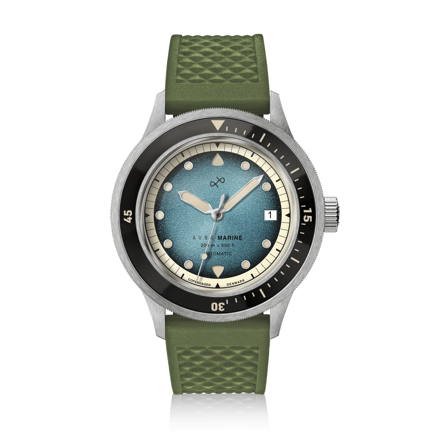 1956 Marine Automatic, Steel / Blue Fade with a blue fade dial, stainless steel case, rotating bezel, and green textured rubber strap by AV86