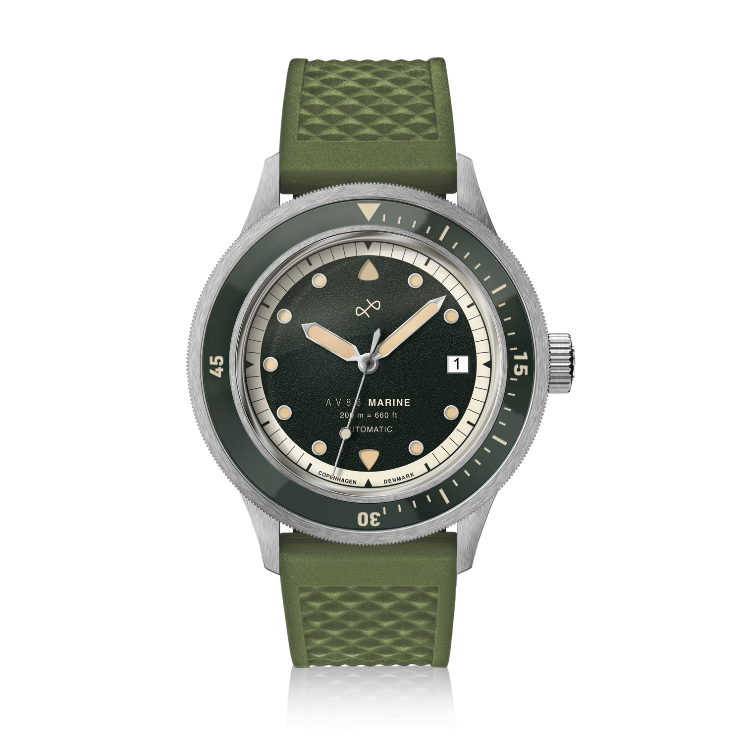 1956 Marine Automatic, Steel / Green by AV86, vintage-inspired watch with green bezel and textured strap, Danish design excellence