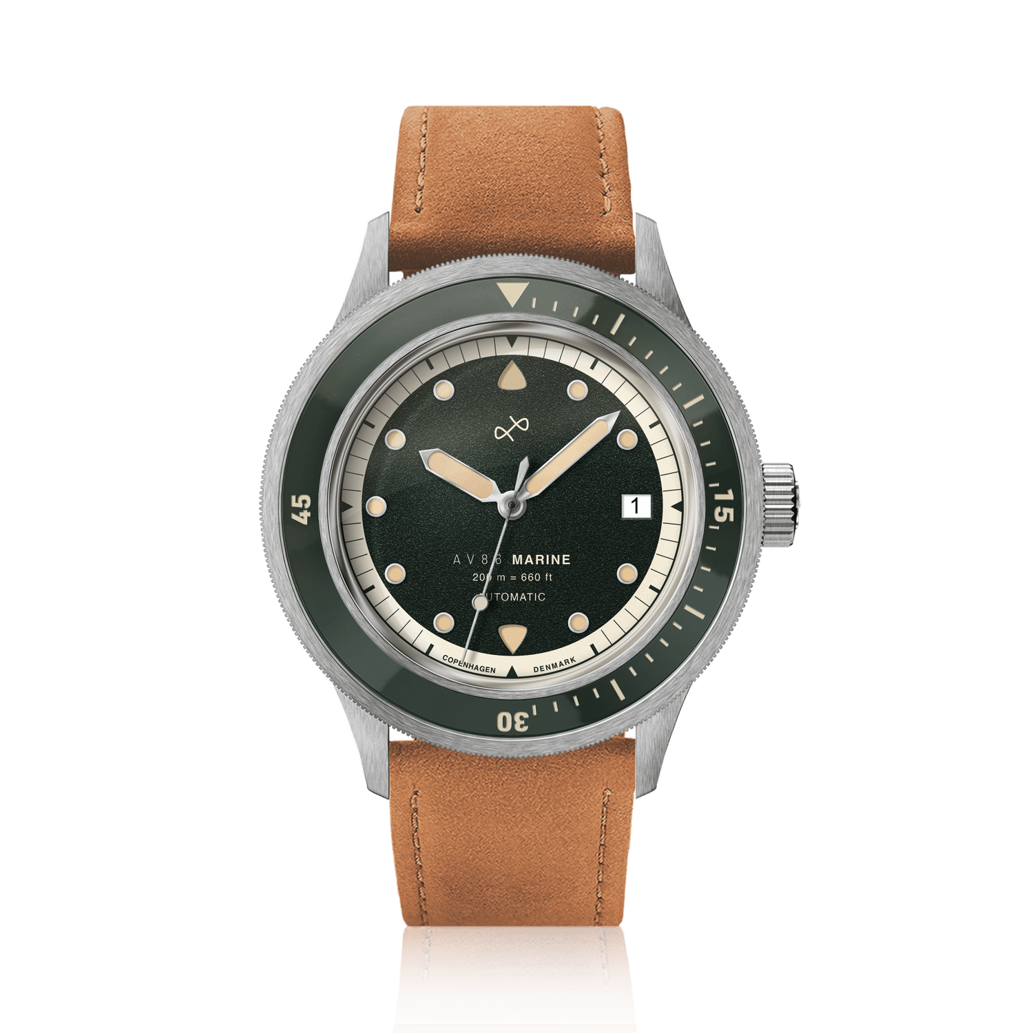 1956 Marine Automatic, Steel / Green by AV86, featuring a vintage-inspired green dial, stainless steel case, and tan leather strap.