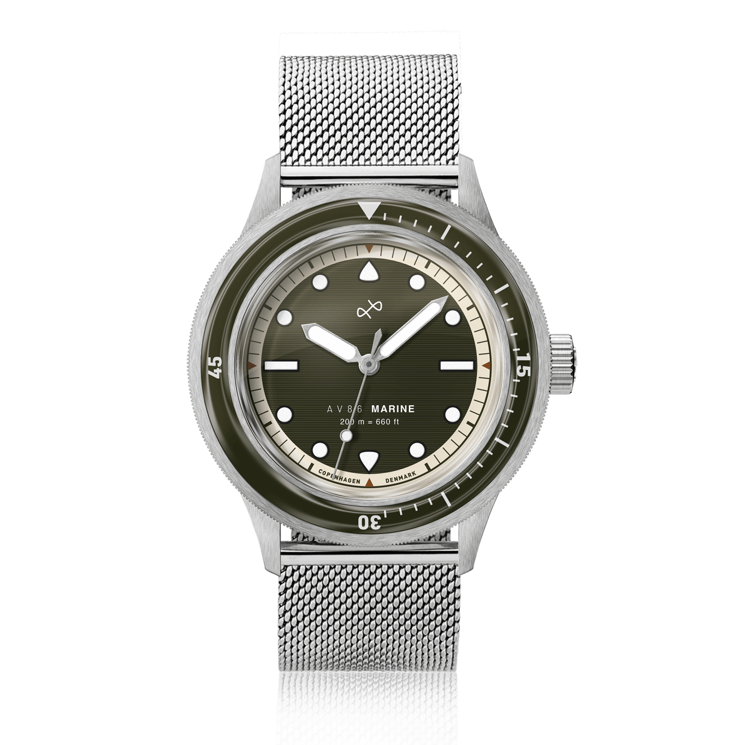1956 Marine by AV86 diver watch with vintage-inspired dial, sapphire crystal, rotating bezel, and stainless steel mesh bracelet strap