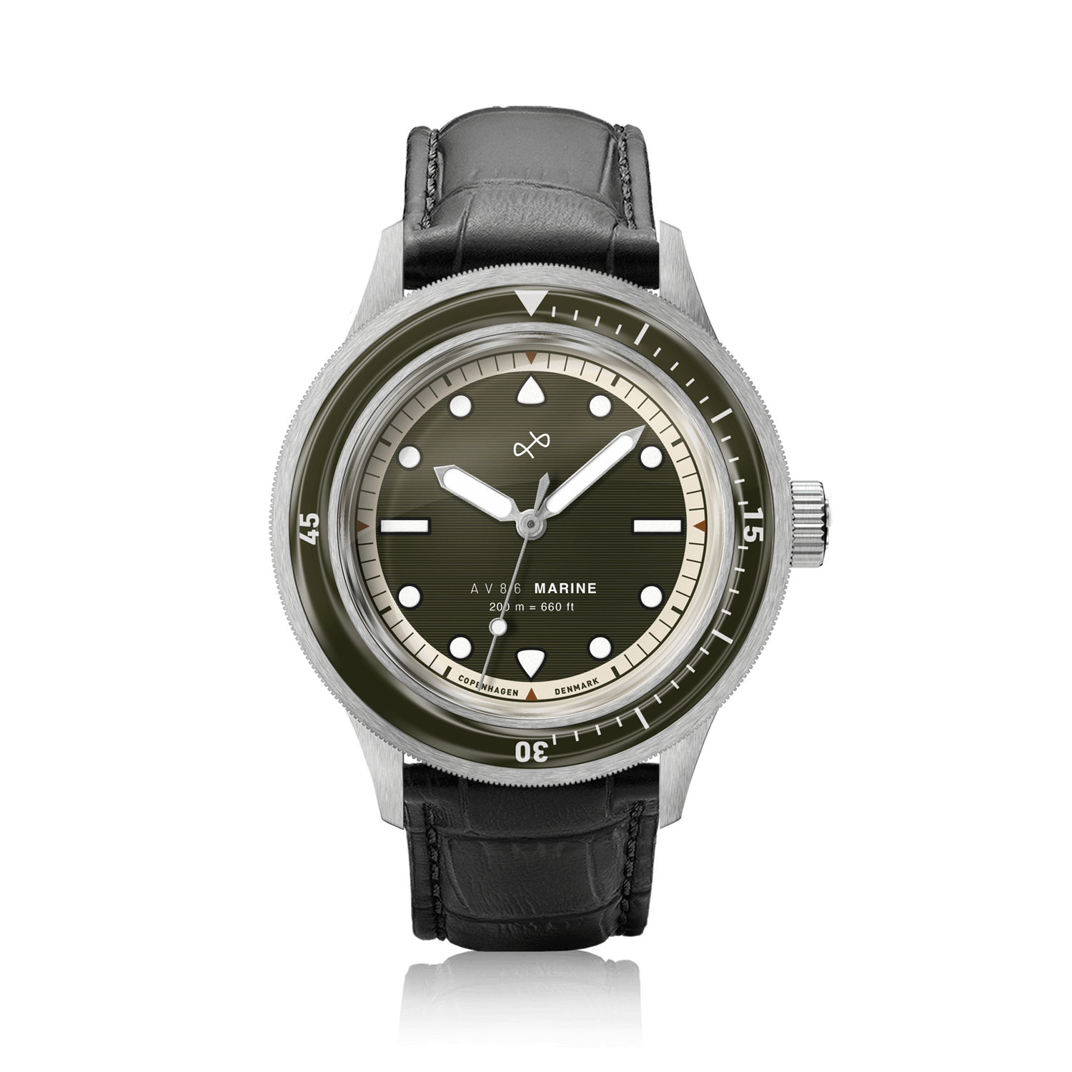 1956 Marine by AV86 diver watch with vintage dial, sapphire crystal, rotating bezel, and black leather strap