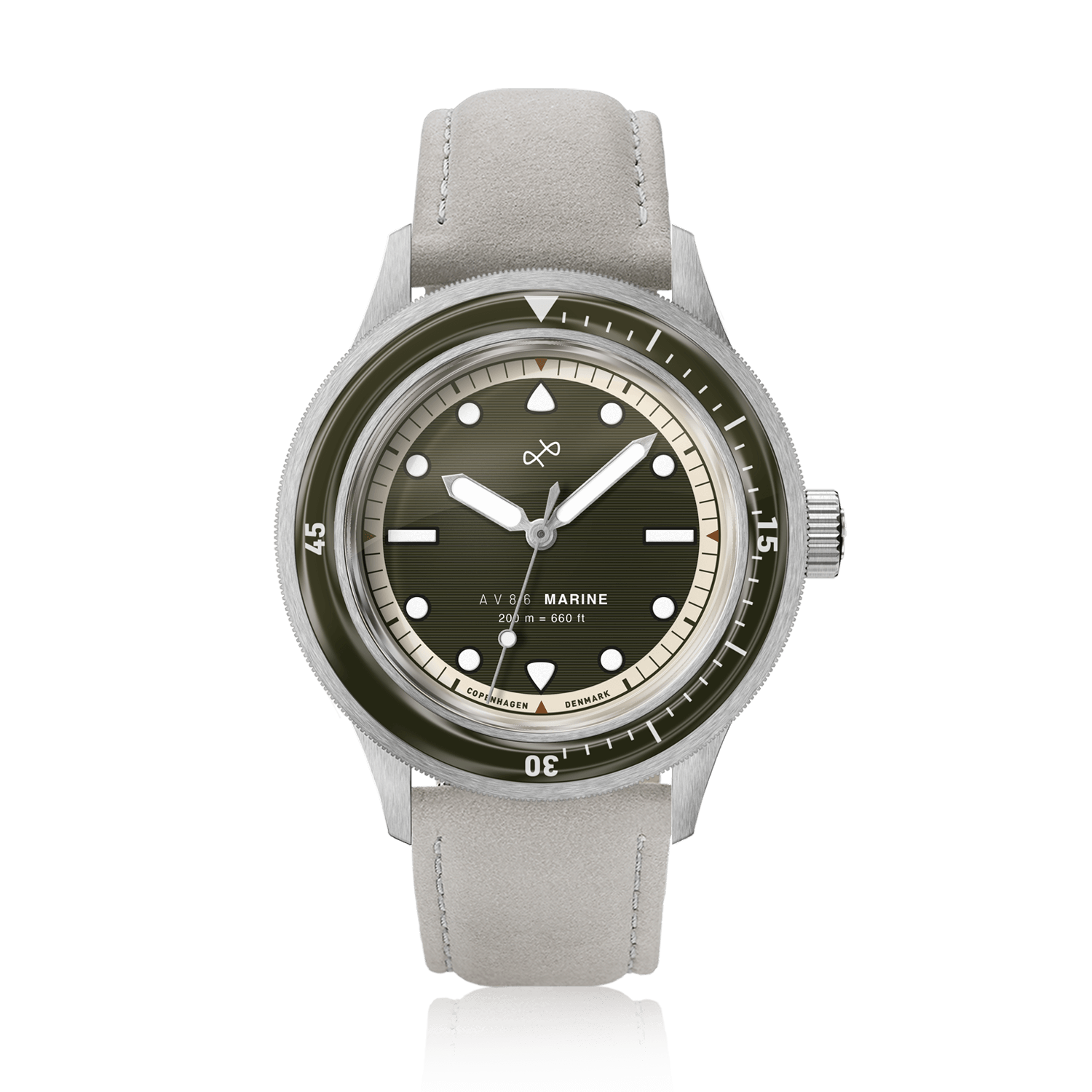 1956 Marine by AV86 vintage-inspired diver watch with sapphire crystal, rotating bezel, and light leather strap