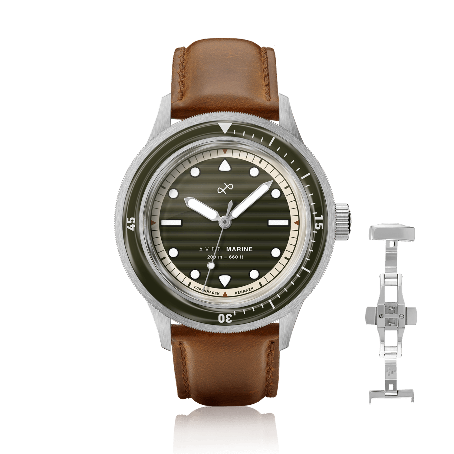 1956 Marine by AV86 vintage-inspired diver watch with sapphire crystal, rotating bezel, and brown leather strap