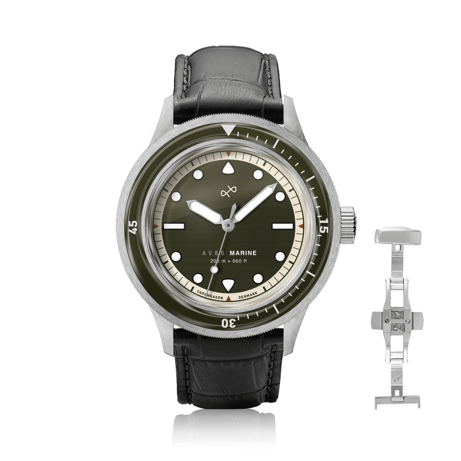 1956 Marine by AV86 vintage-inspired diver watch with sapphire crystal, rotating bezel, and black leather strap