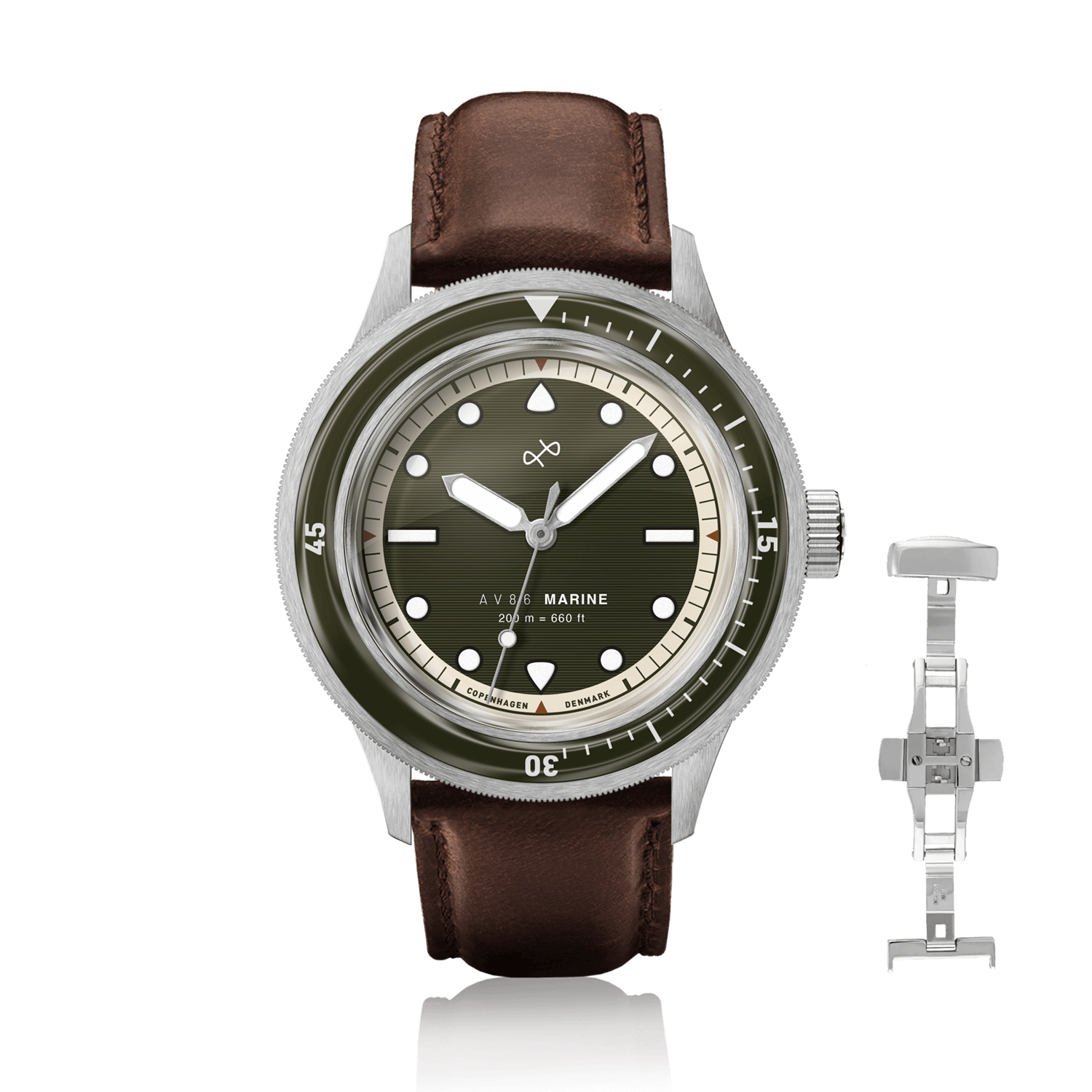 1956 Marine by AV86 vintage-inspired diver watch with sapphire crystal, rotating bezel, and brown leather strap