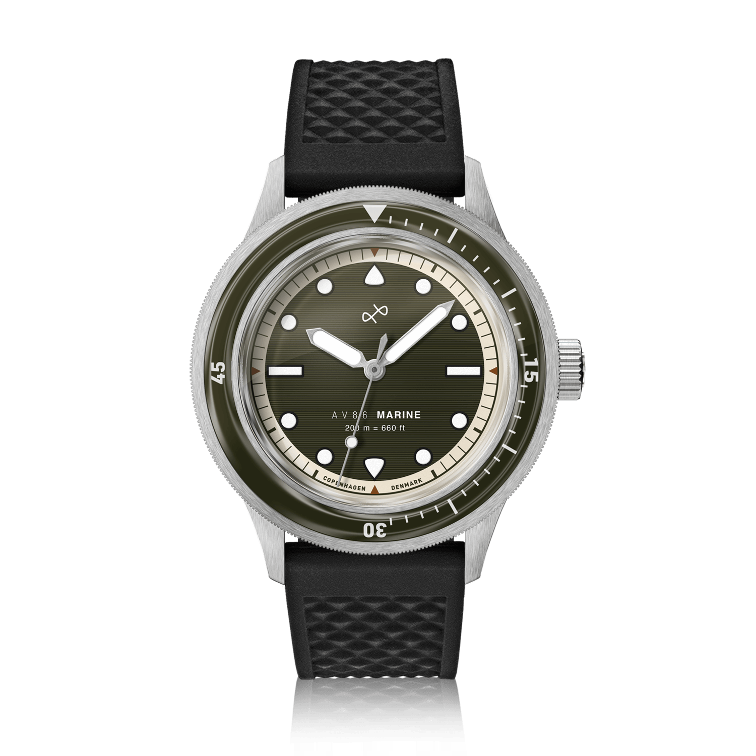 1956 Marine by AV86 vintage-inspired diver with sapphire crystal, rotating bezel, and textured black rubber strap