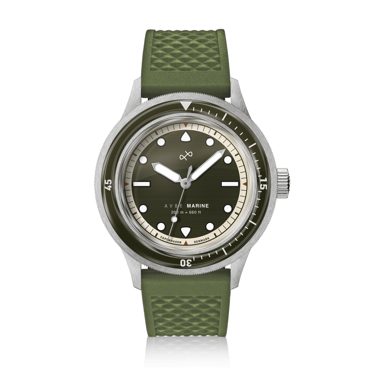1956 Marine by AV86 vintage-inspired diver watch with sapphire crystal, compass bezel, and textured rubber strap