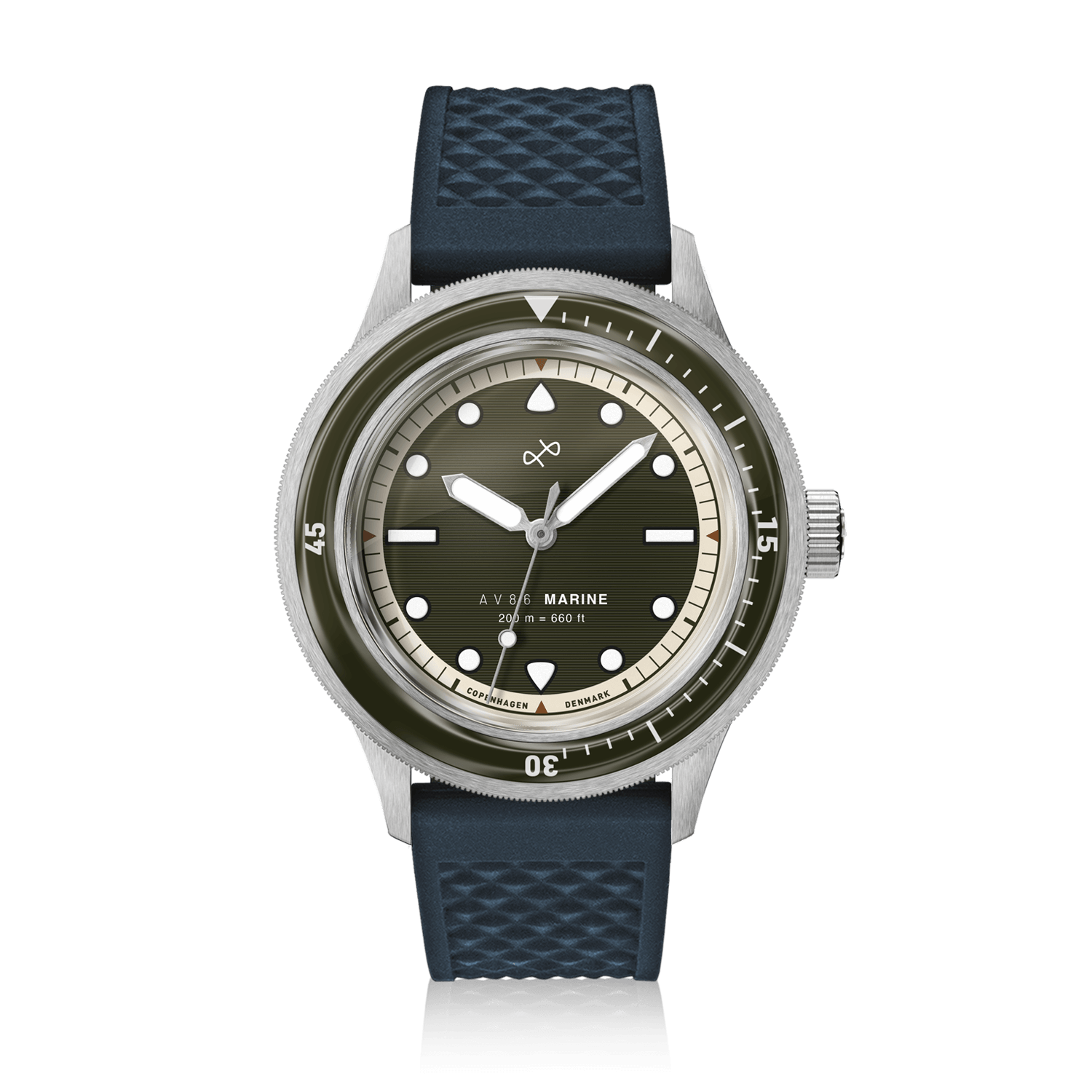 1956 Marine by AV86 luxury vintage-inspired diver watch with sapphire crystal, rotating bezel, and textured rubber strap