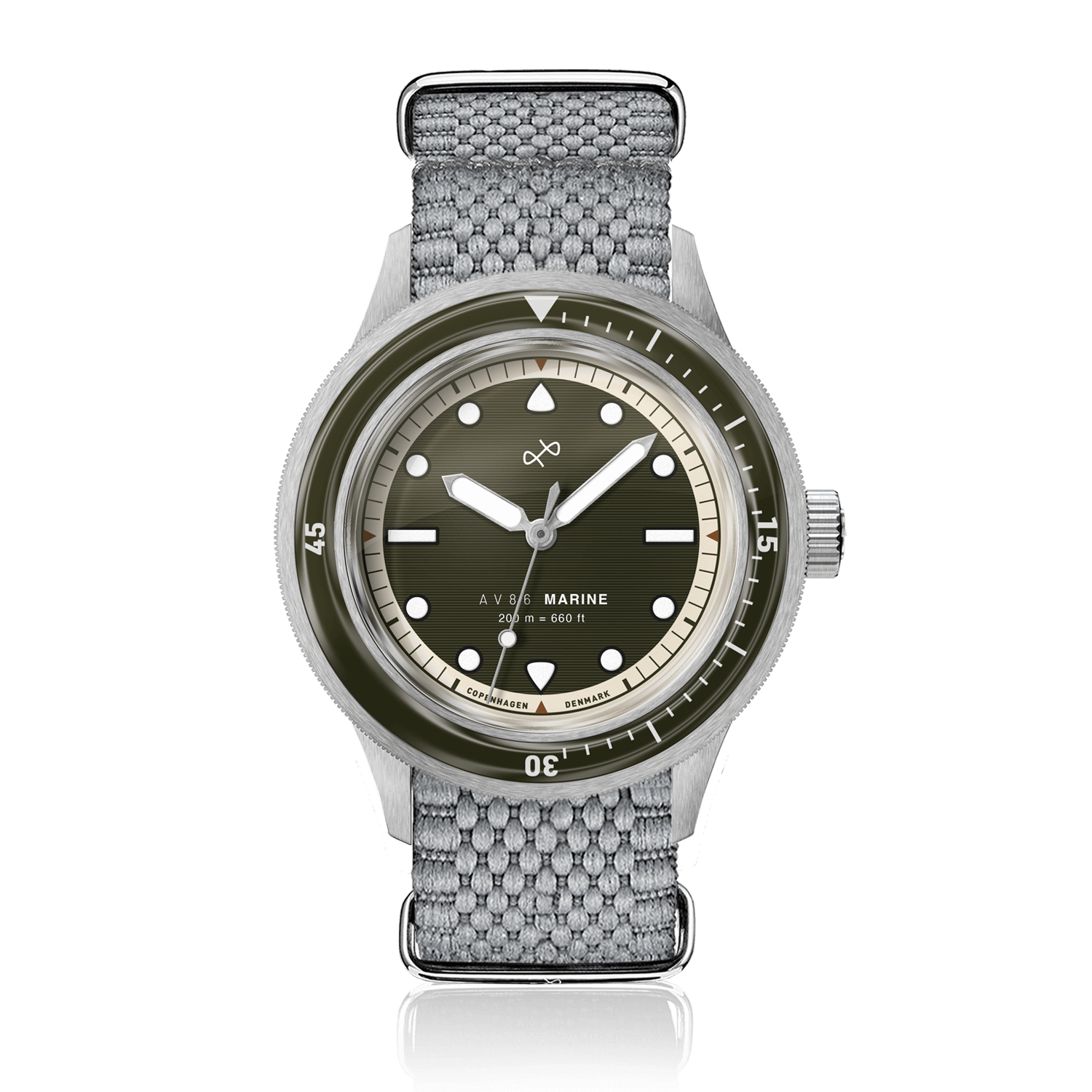 1956 Marine by AV86 vintage-inspired diver watch with sapphire crystal, unidirectional bezel, and textured fabric strap