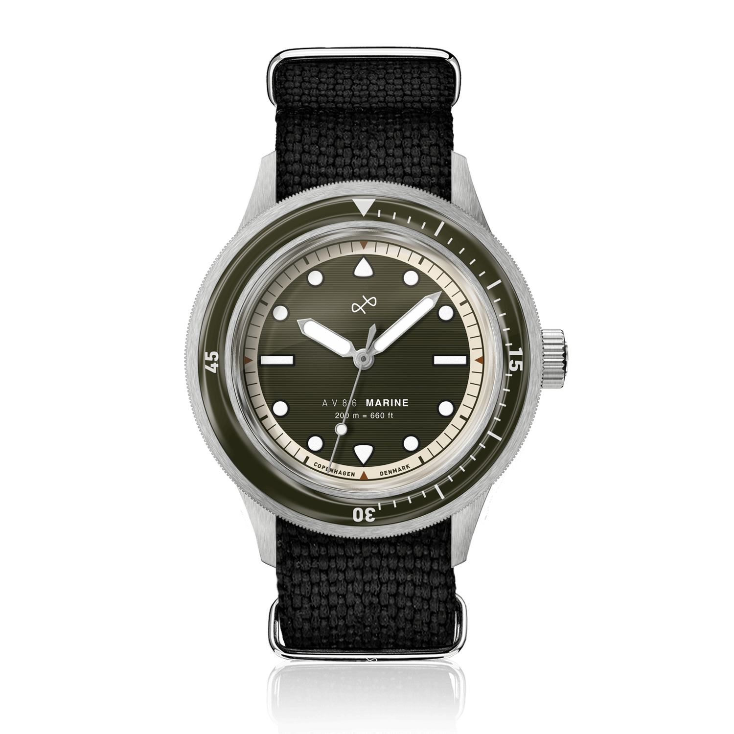 1956 Marine by AV86 vintage-inspired diver with sapphire crystal, rotating bezel, and black textured fabric strap