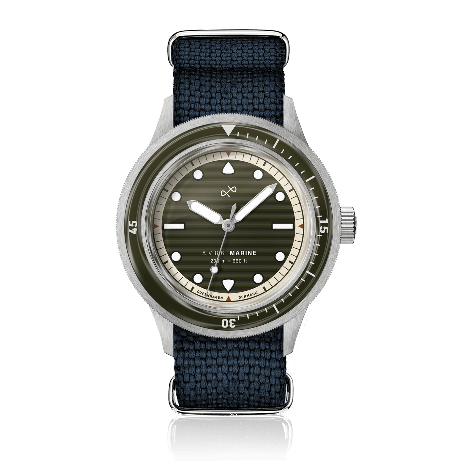 1956 Marine by AV86 vintage-inspired diver watch with sapphire crystal, compass bezel, and blue textured fabric strap