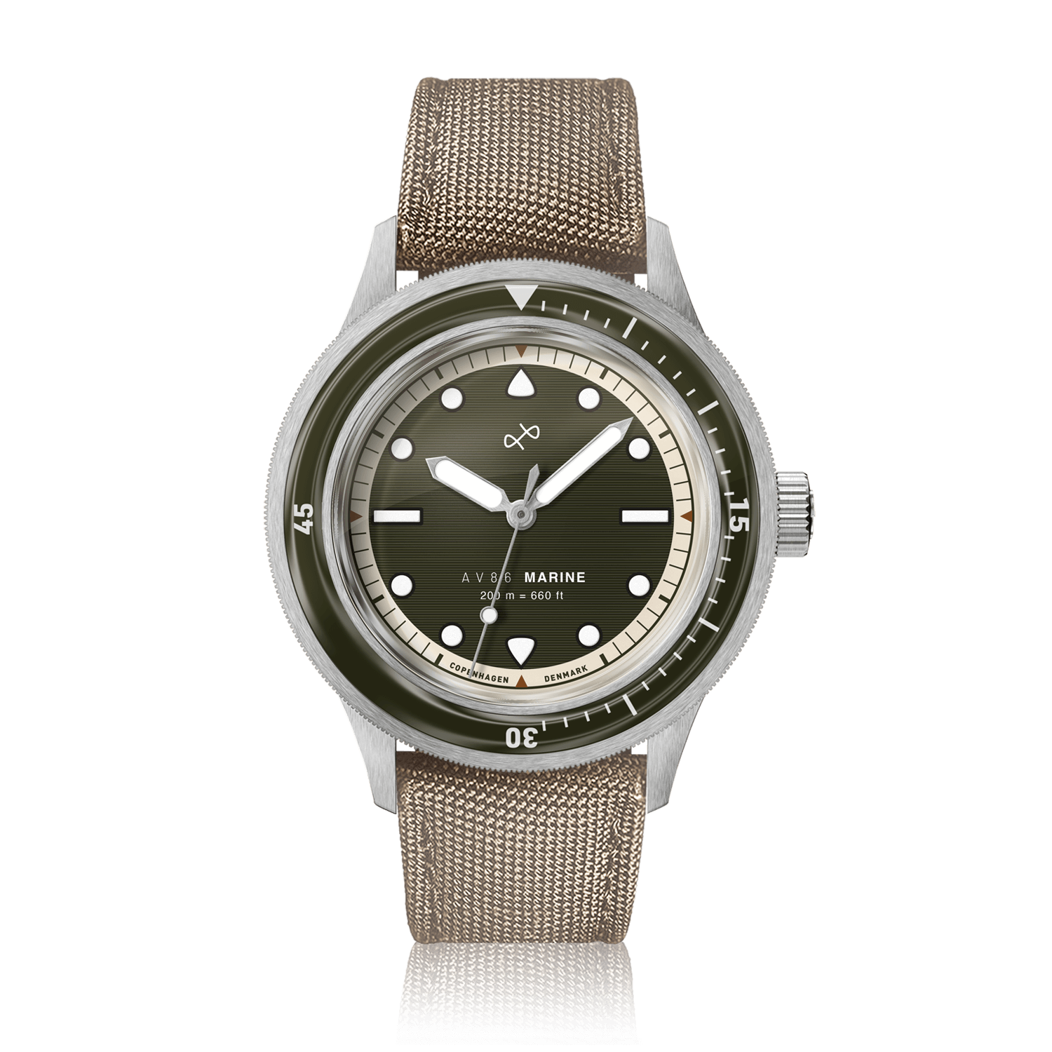 1956 Marine by AV86 luxury diver watch with vintage-inspired dial, sapphire crystal, rotating bezel, and textured fabric strap