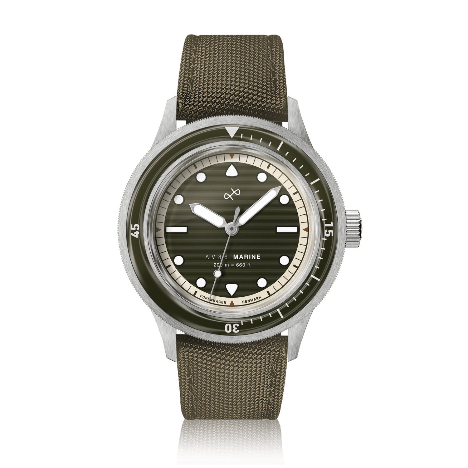1956 Marine by AV86 vintage-inspired diver with sapphire crystal, rotating bezel, and textured fabric strap