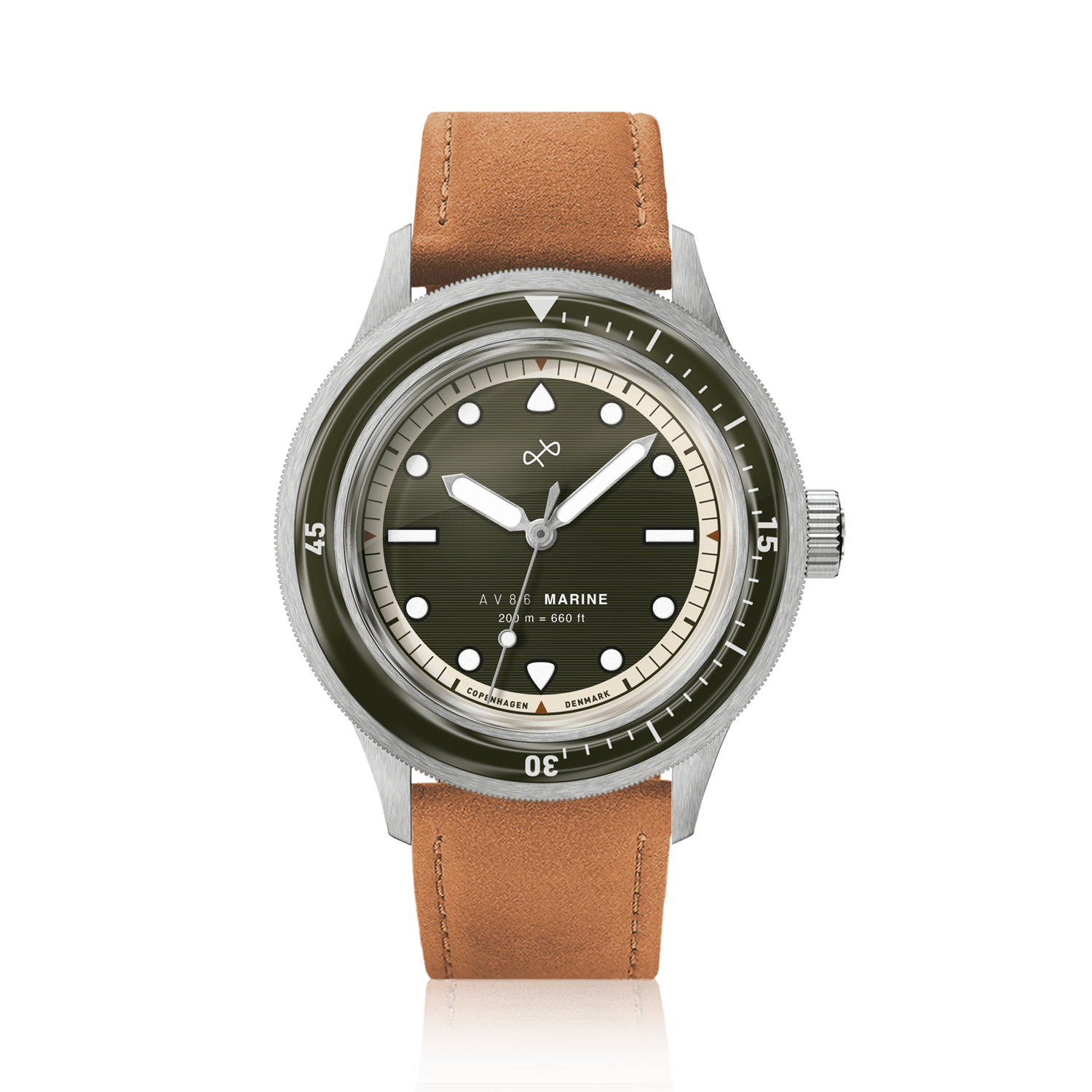 1956 Marine by AV86 vintage-inspired diver with domed sapphire crystal, uni-directional bezel, and tan leather strap