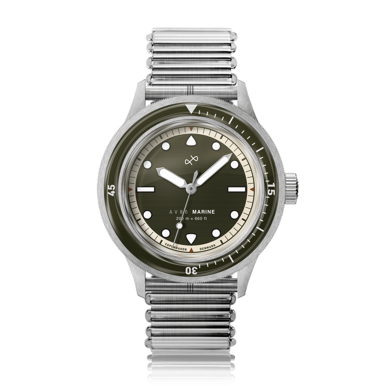 1956 Marine by AV86 vintage-inspired diver with rotating bezel, domed sapphire crystal, and polished metal bracelet strap
