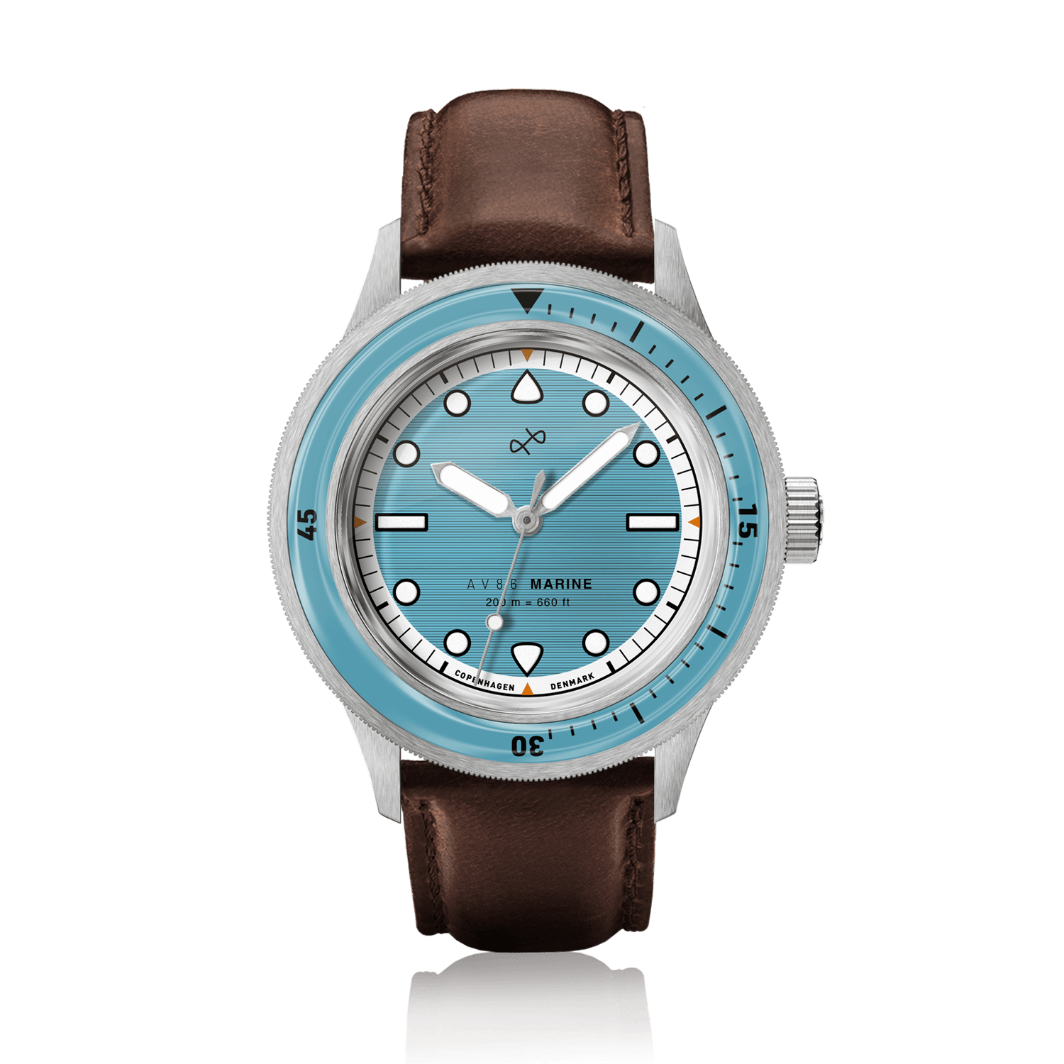 1956 Marine by AV86 vintage-inspired diver watch with sapphire crystal, rotating bezel, and brown leather strap