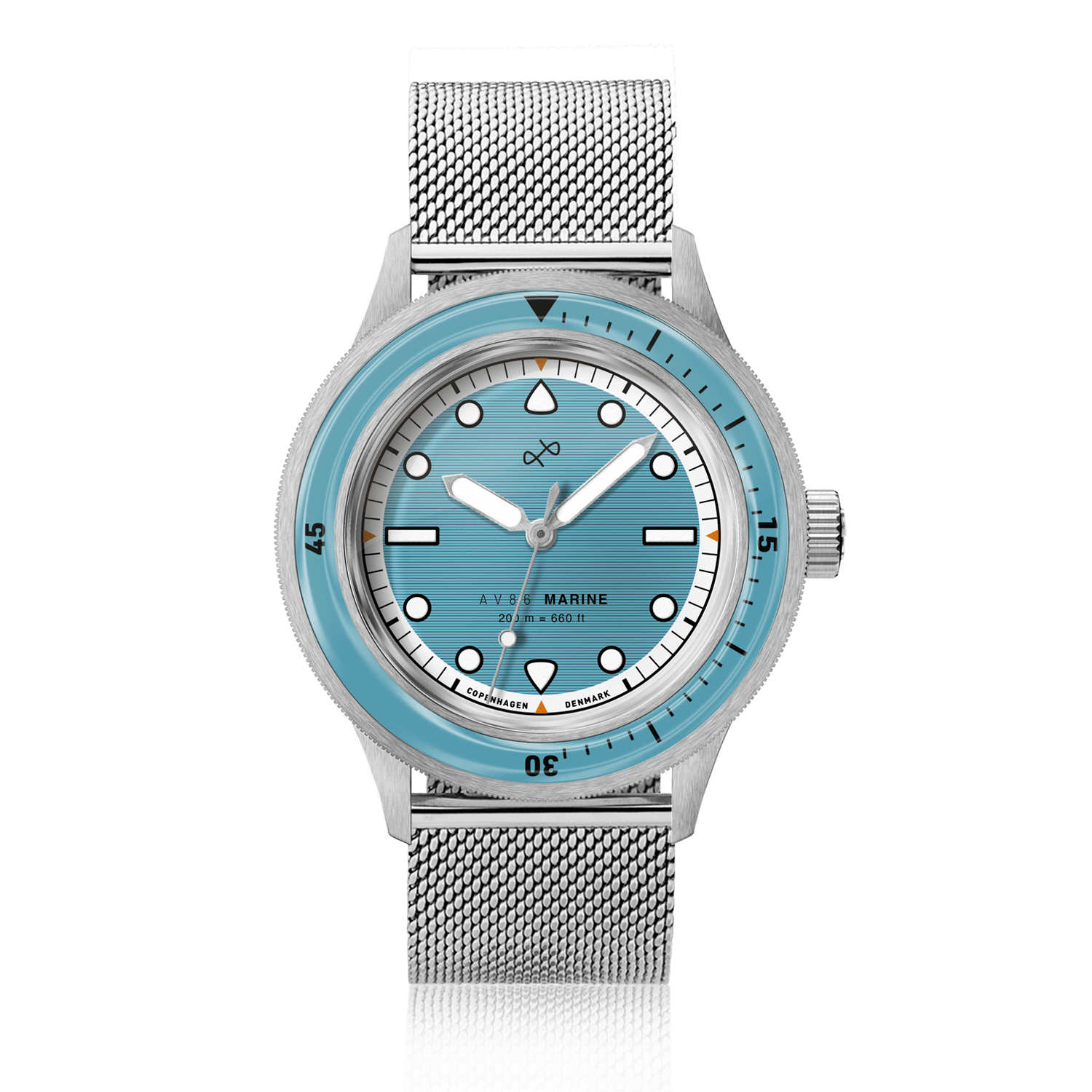 1956 Marine by AV86 vintage-inspired diver with sapphire crystal, unidirectional bezel, and stainless steel mesh bracelet strap