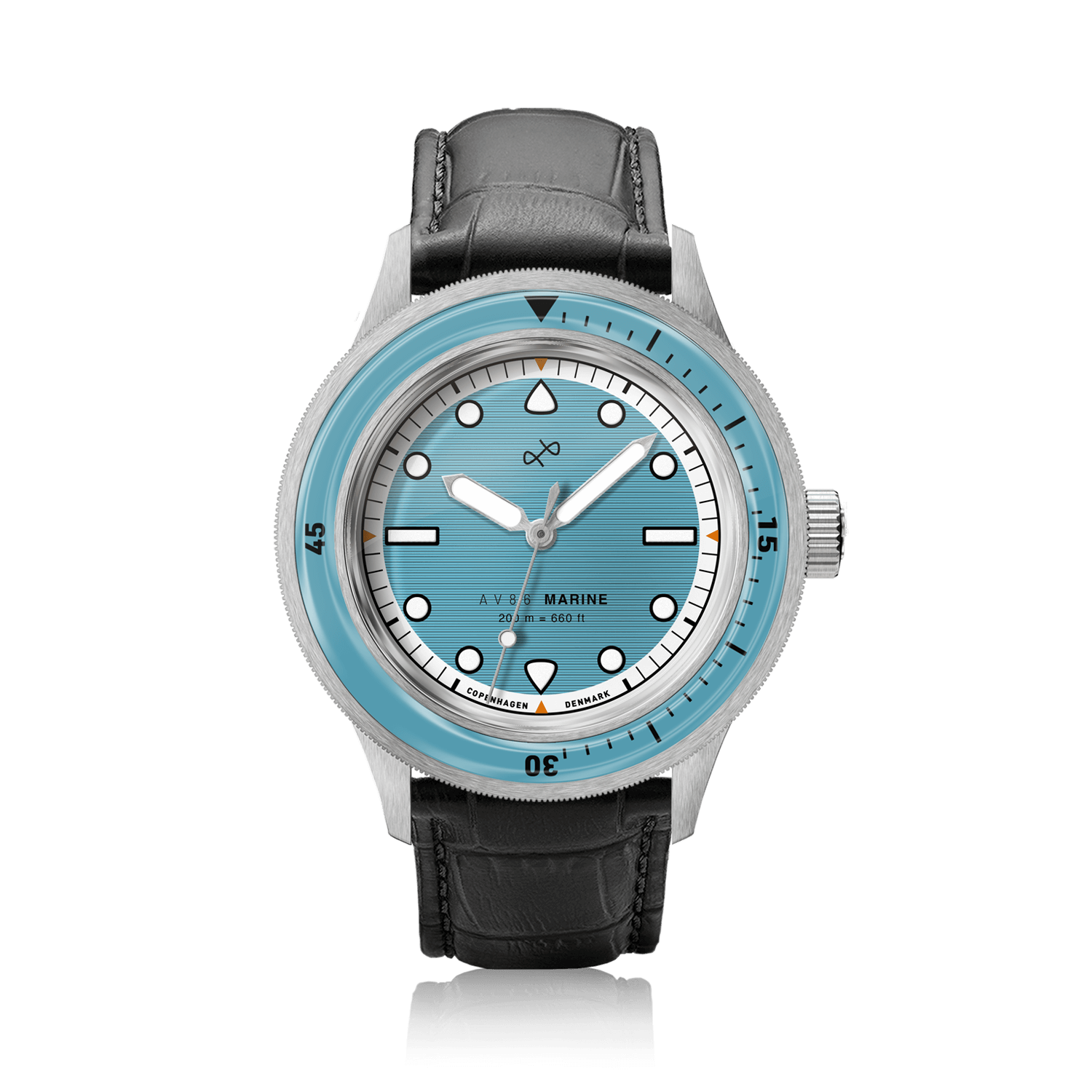 1956 Marine by AV86 vintage-inspired diver watch with sapphire crystal, unidirectional bezel, and black leather strap