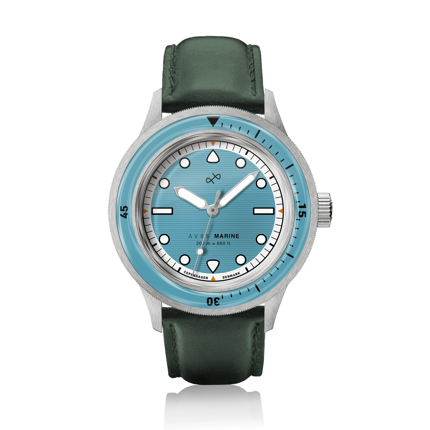 1956 Marine by AV86 vintage-inspired diver with sapphire crystal, rotating bezel, and green leather strap
