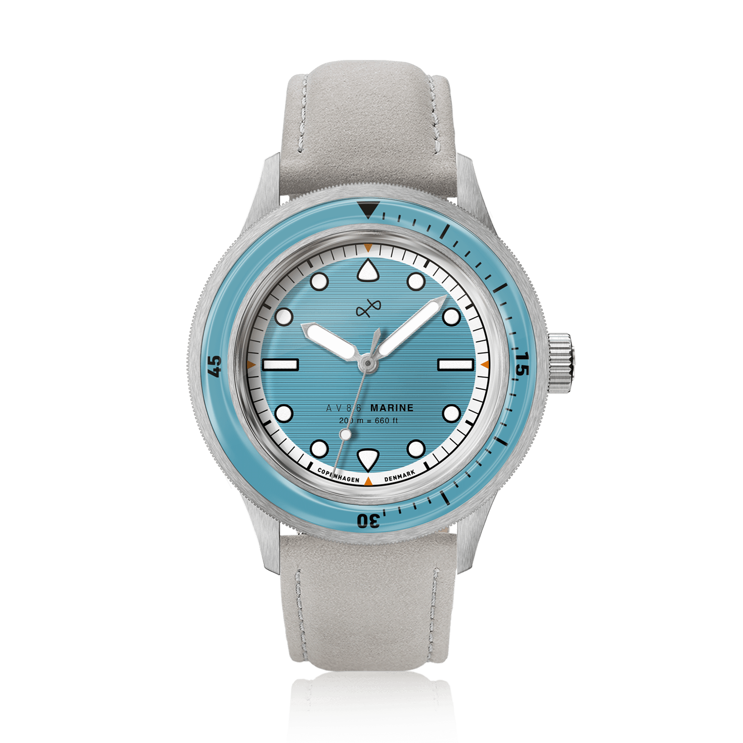 1956 Marine by AV86 vintage-inspired diver with sapphire crystal, compass bezel, and light leather strap