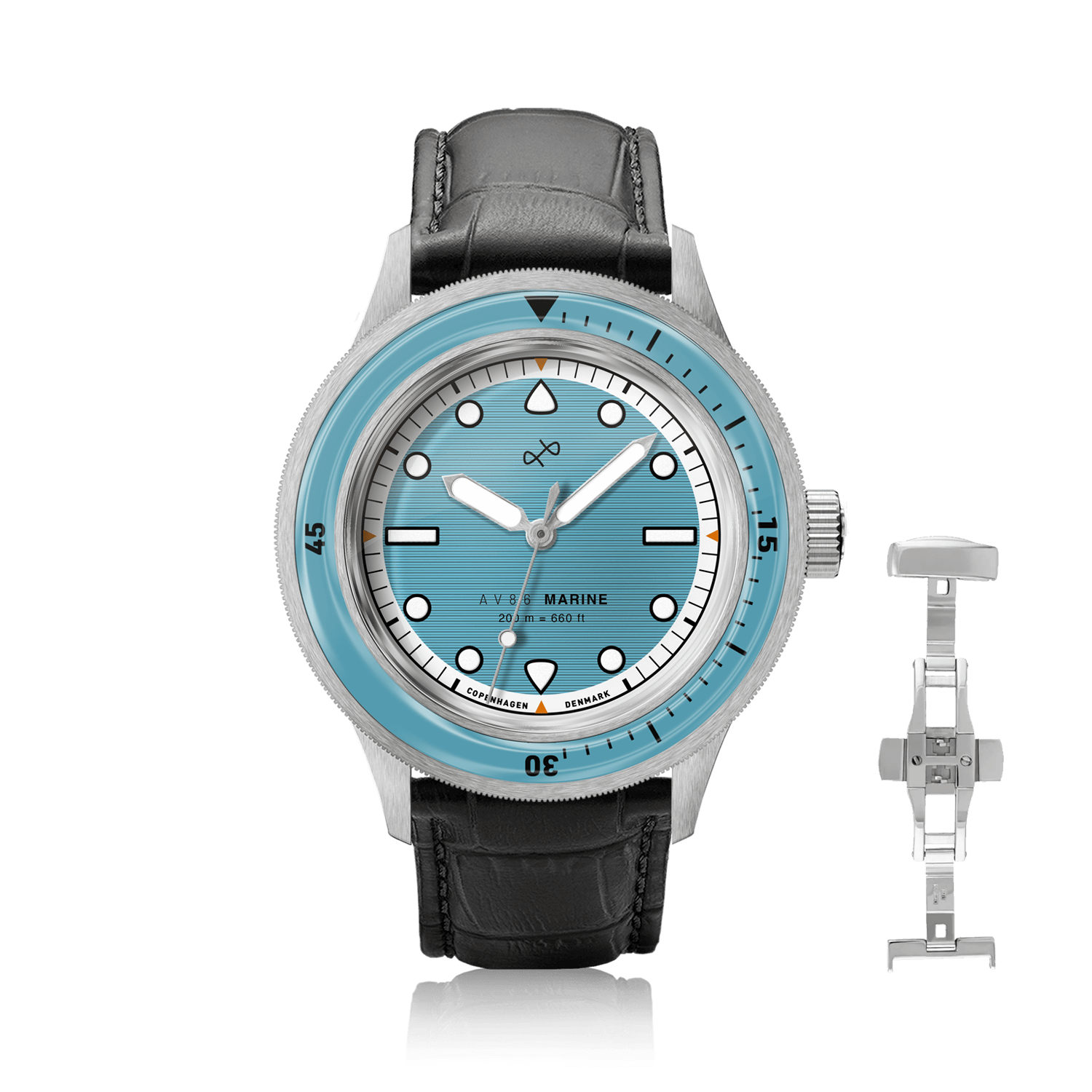 1956 Marine by AV86 luxury diver with vintage-inspired dial, sapphire crystal, rotating bezel, and black leather strap