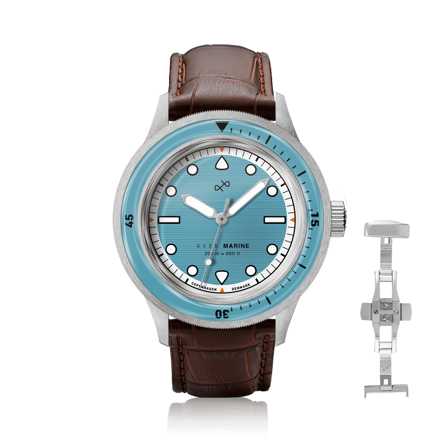 1956 Marine by AV86 luxury vintage-inspired diver with sapphire crystal, light blue bezel, and brown leather strap
