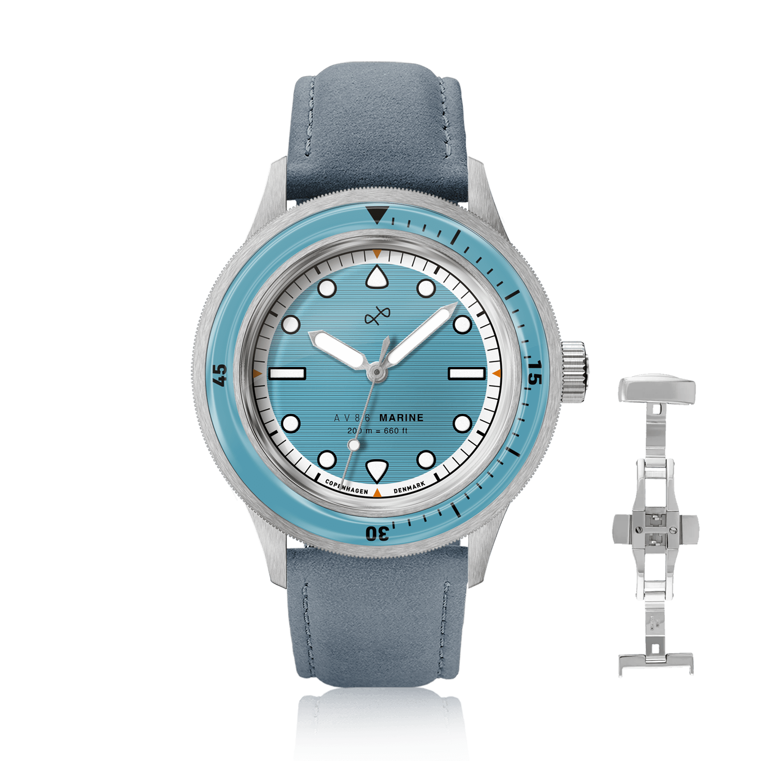 1956 Marine by AV86 vintage-inspired diver watch with sapphire crystal, rotating bezel, and light leather strap