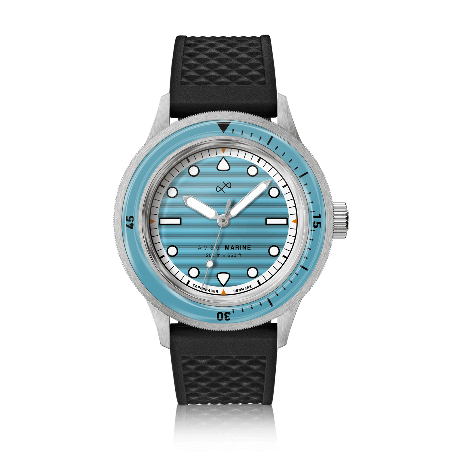 1956 Marine by AV86 vintage-inspired diver watch with sapphire crystal, rotating bezel, and textured rubber strap