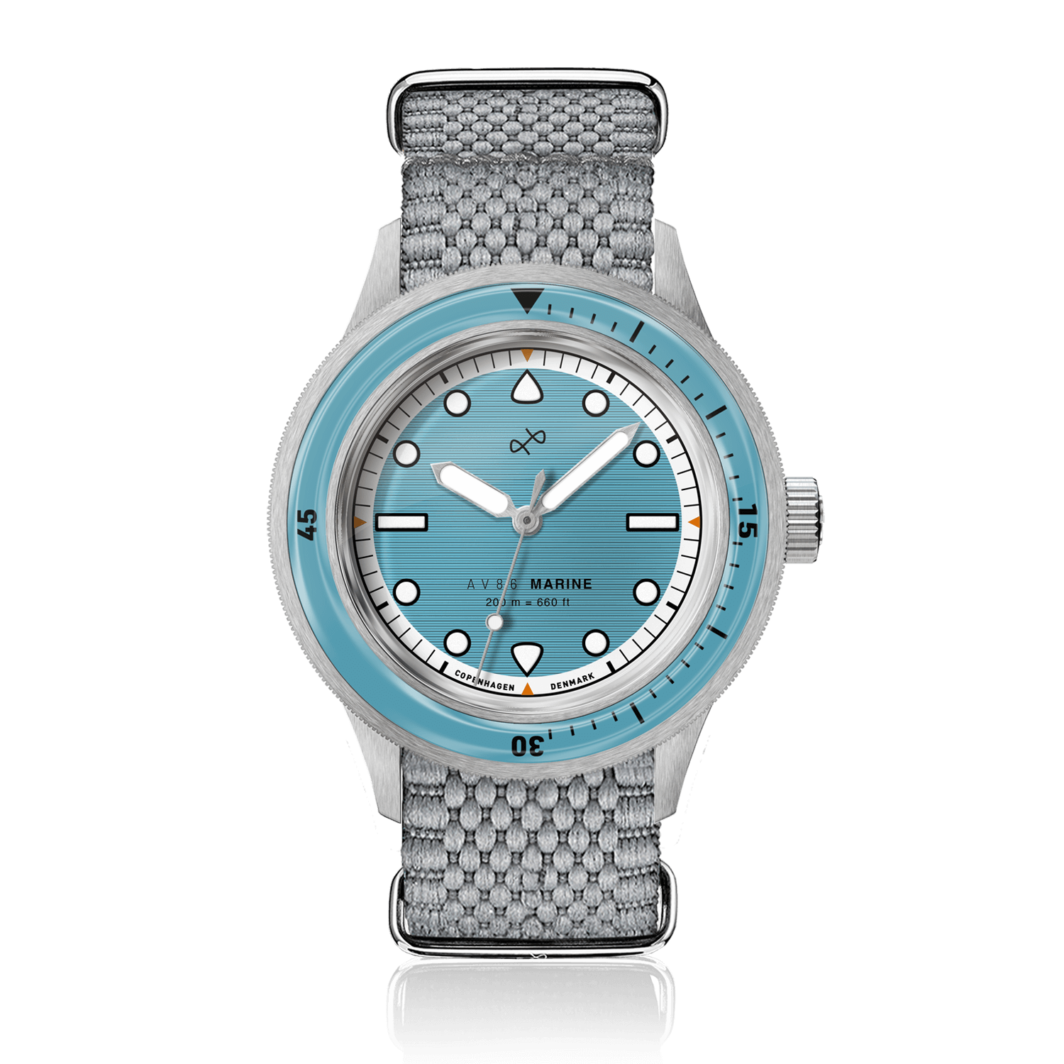 1956 Marine by AV86 vintage-inspired diver with sapphire crystal, rotating bezel, textured fabric strap, and bold markers