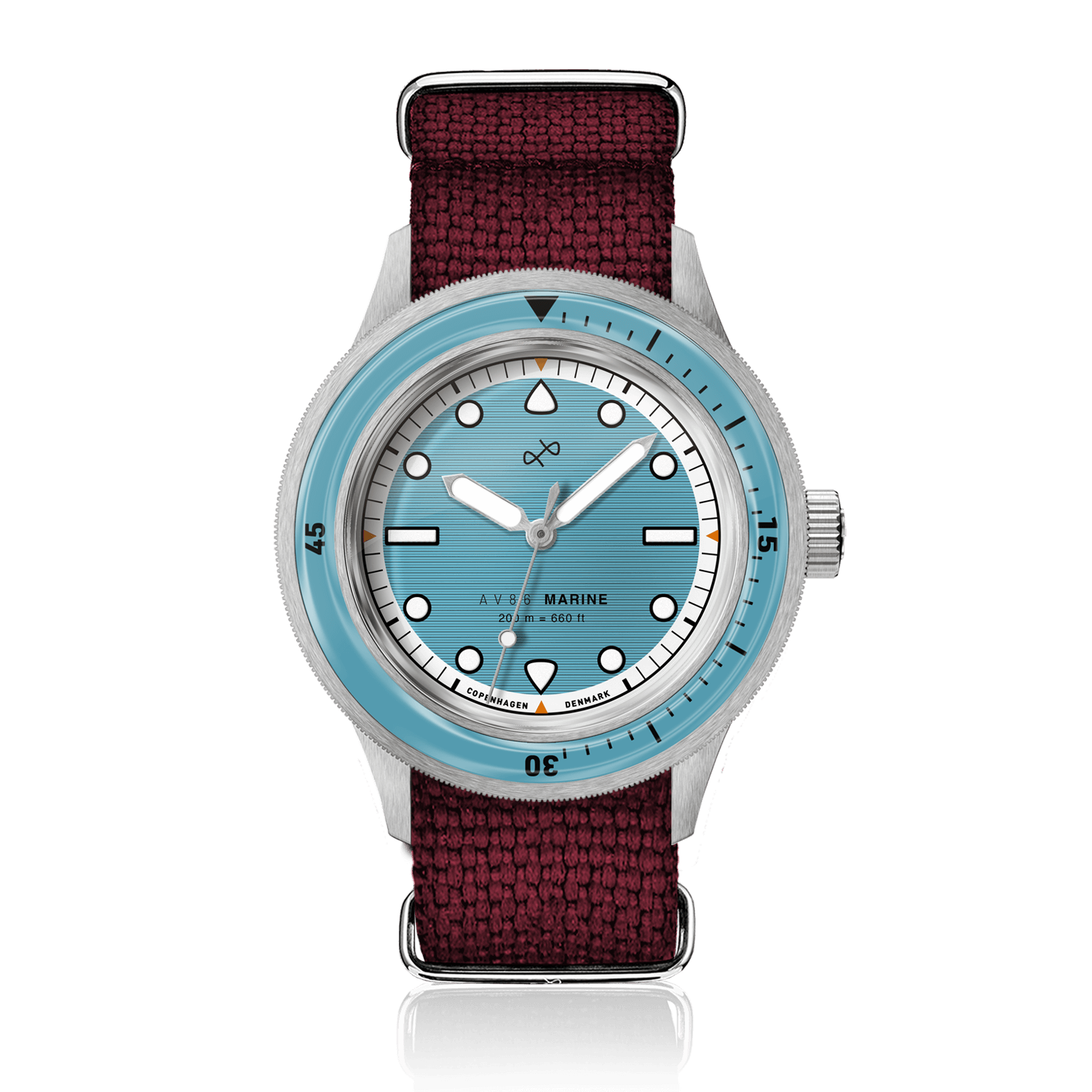 1956 Marine by AV86 vintage-inspired diver with sapphire crystal, rotating bezel, and textured burgundy fabric strap