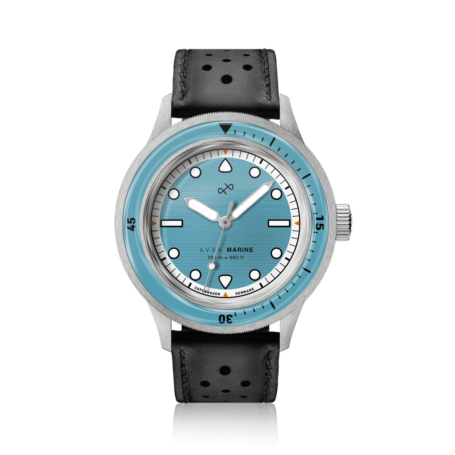 1956 Marine by AV86 vintage-inspired diver with sapphire crystal, unidirectional bezel, and perforated black leather strap