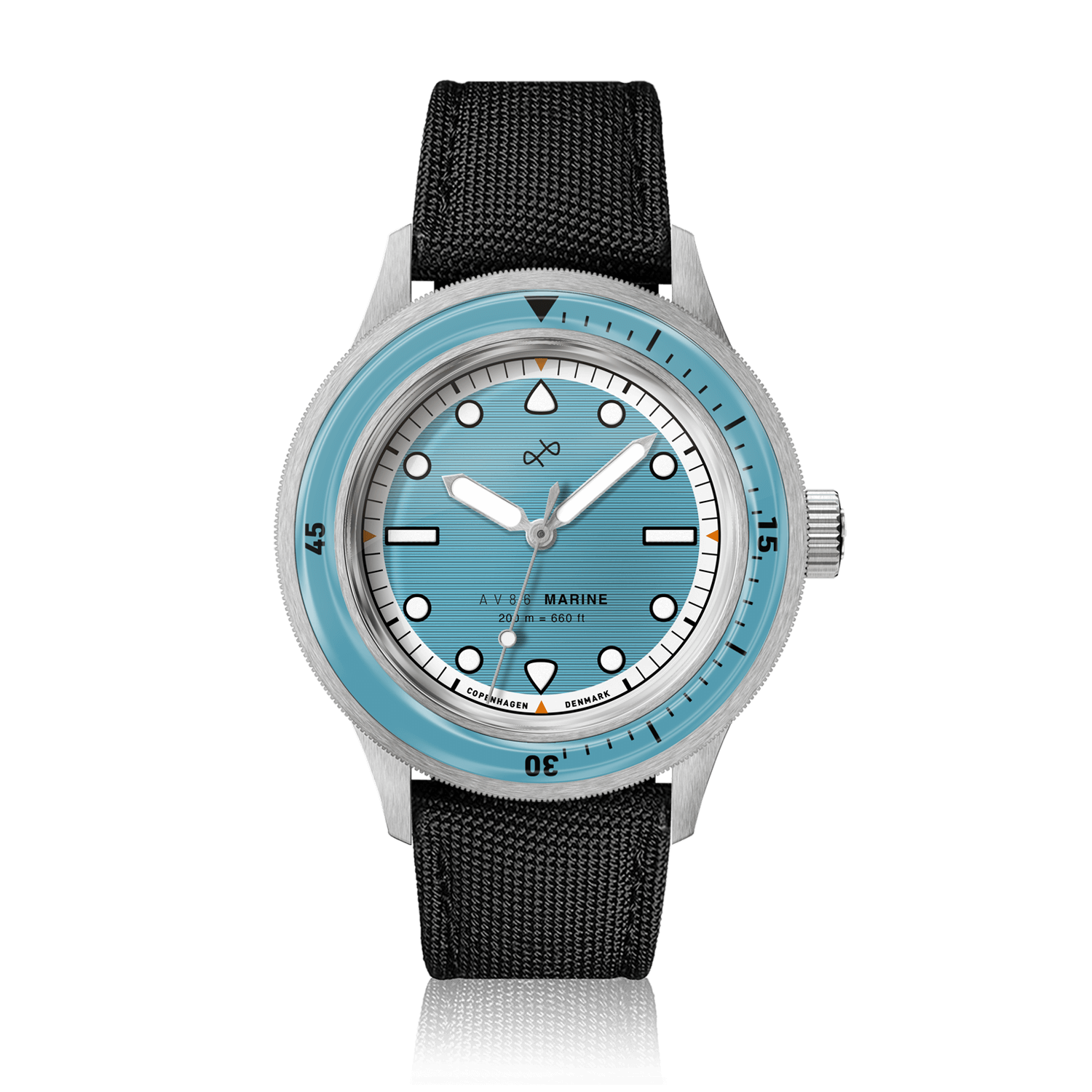 1956 Marine by AV86 vintage-inspired diver with sapphire crystal, rotating bezel, luminescent markers, and black fabric strap
