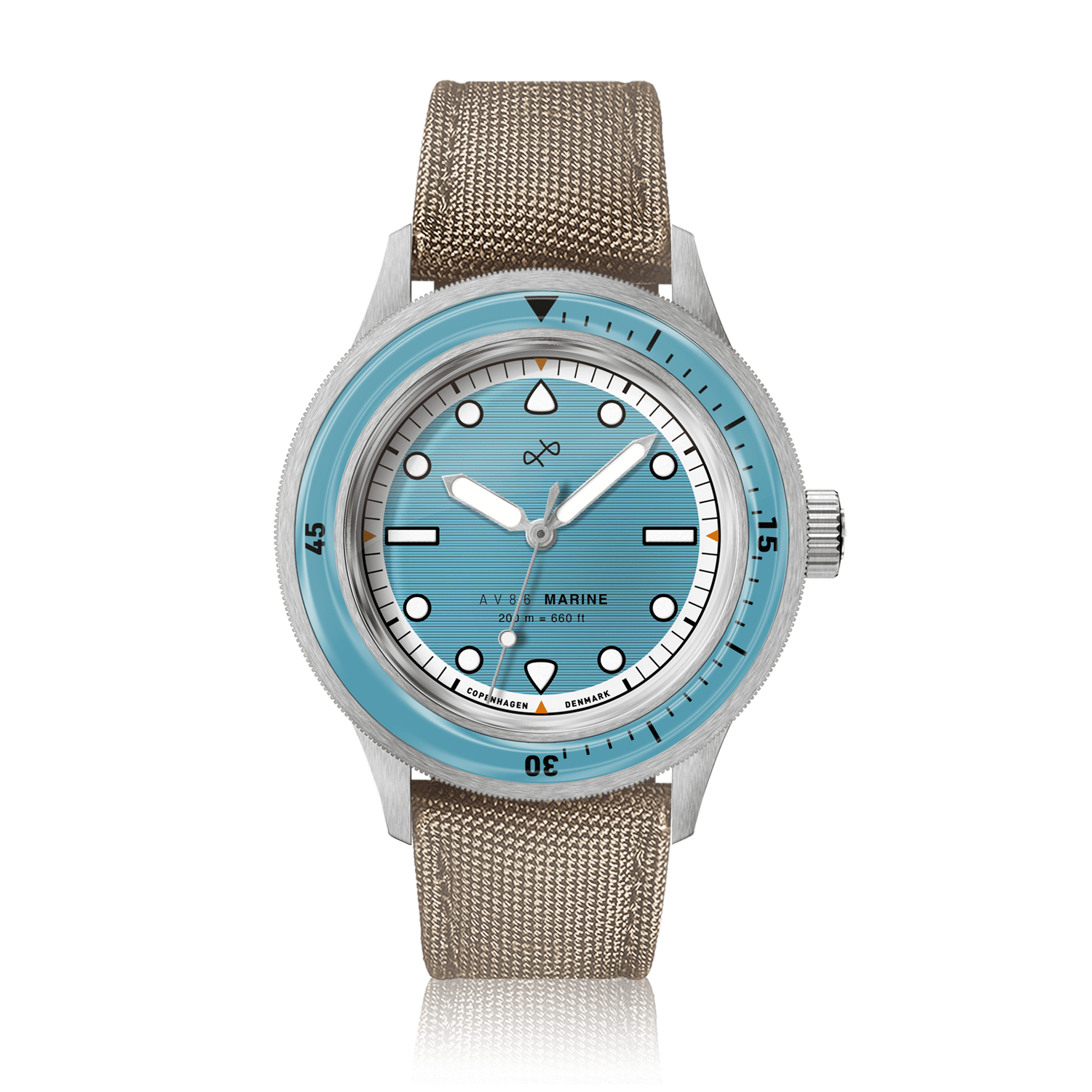 1956 Marine by AV86 vintage-inspired diver watch with sapphire crystal, rotating bezel, and woven fabric strap
