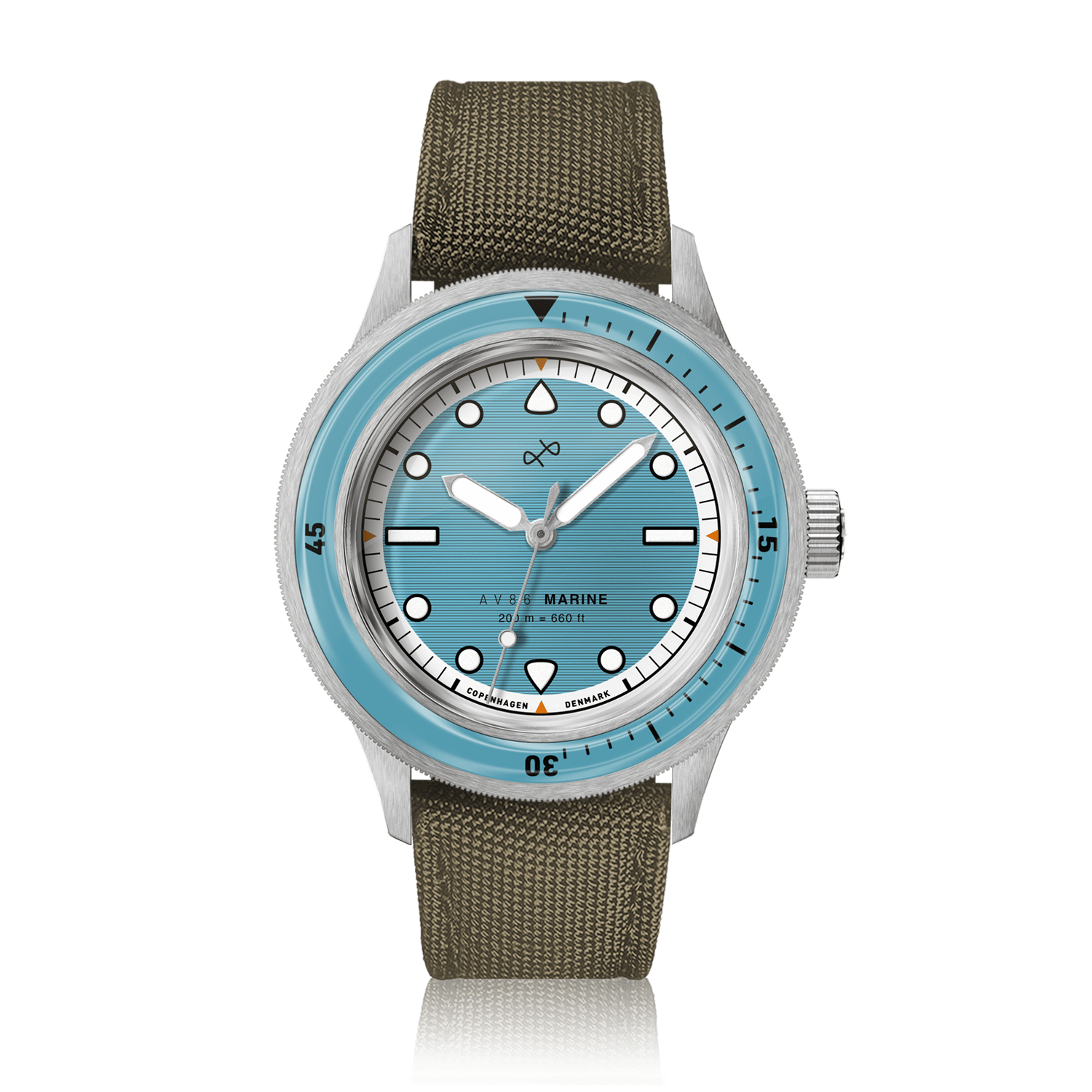 1956 Marine by AV86 luxury diver watch with vintage-inspired dial, sapphire crystal, rotating bezel, and textured fabric strap