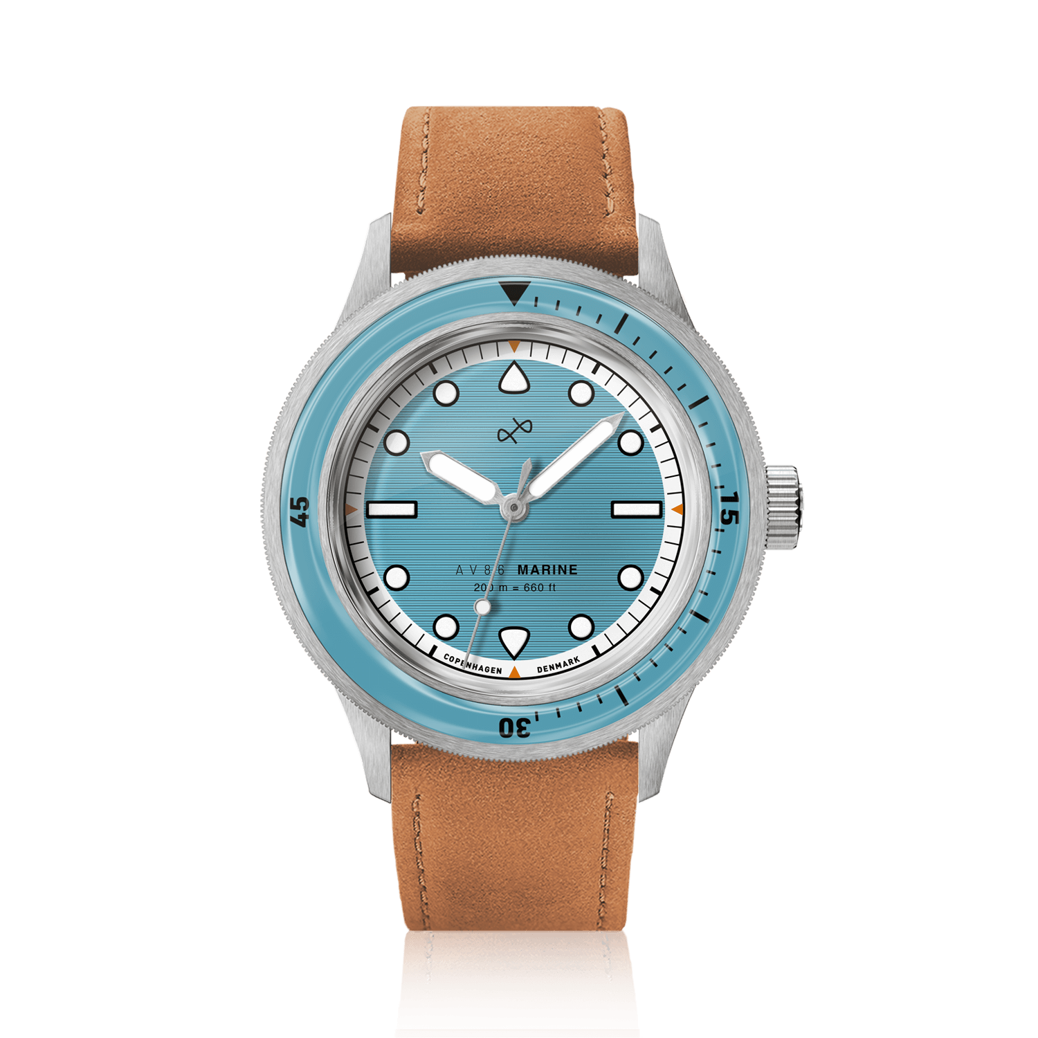 1956 Marine by AV86 vintage-inspired diver with sapphire crystal, rotating bezel, and tan leather strap