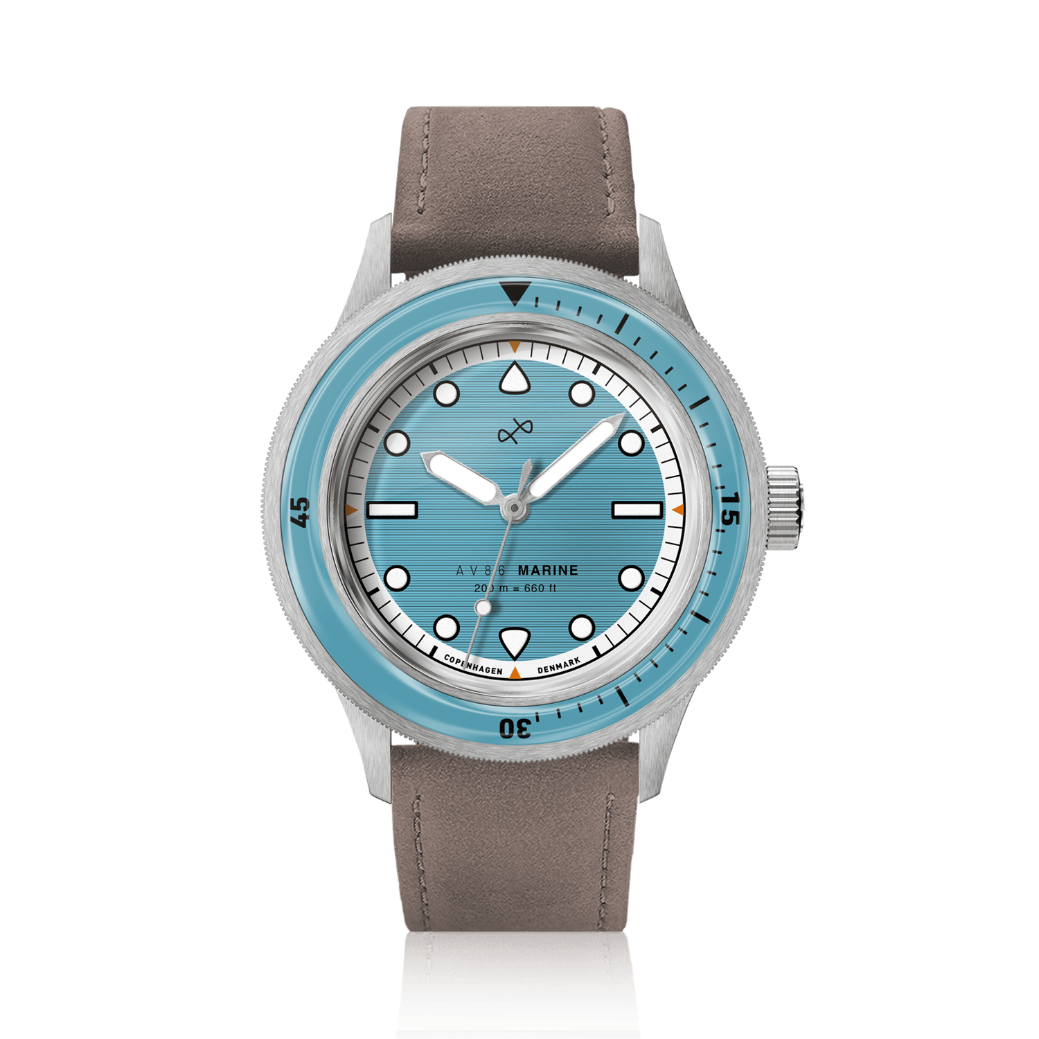 1956 Marine by AV86 vintage-inspired diver with sapphire crystal, rotating bezel, and soft brown leather strap