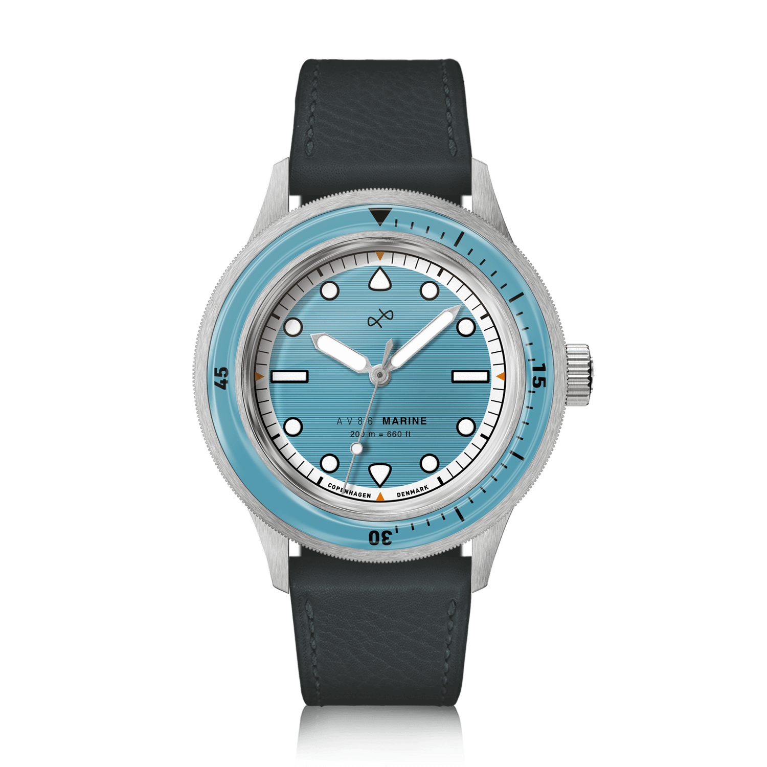 1956 Marine by AV86 vintage-inspired diver watch with sapphire crystal, rotating bezel, light blue dial, and black leather strap