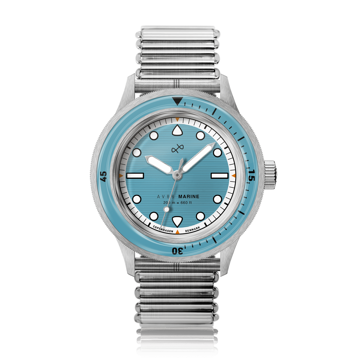 1956 Marine by AV86 luxury diver watch with vintage-inspired dial, sapphire crystal, rotating bezel, and steel bracelet strap