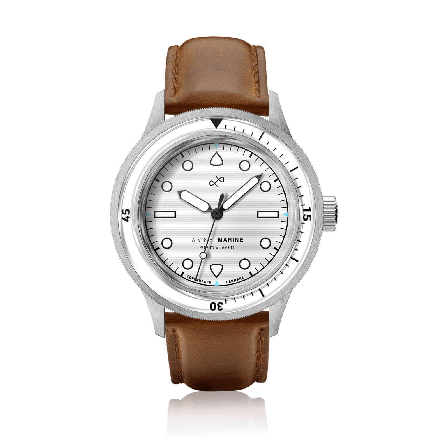 1956 Marine by AV86 luxury diver with vintage-inspired dial, sapphire crystal, rotating bezel, and brown leather strap