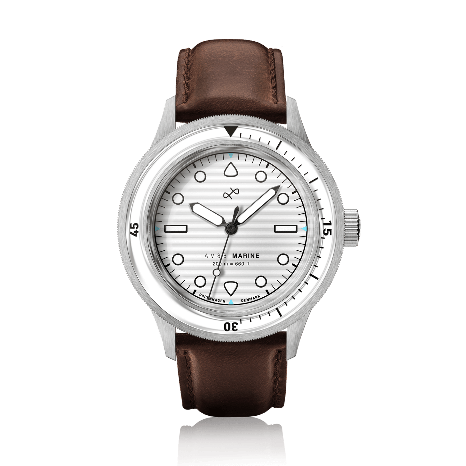 1956 Marine by AV86 vintage-inspired diver with sapphire crystal, rotating bezel, and brown leather strap in minimalist Danish design