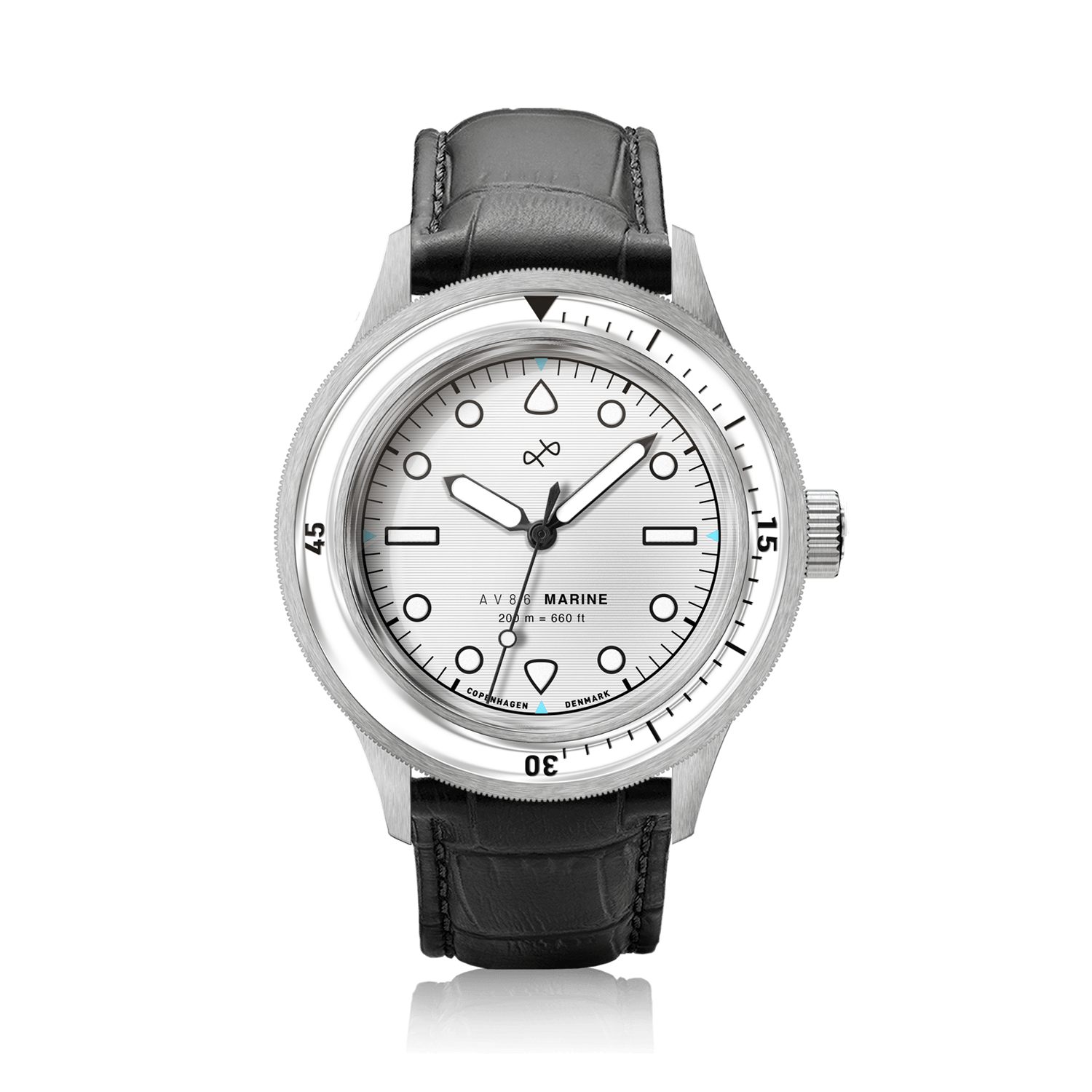 1956 Marine by AV86 vintage-inspired diver with sapphire crystal, rotating bezel, and black leather strap with textured finish