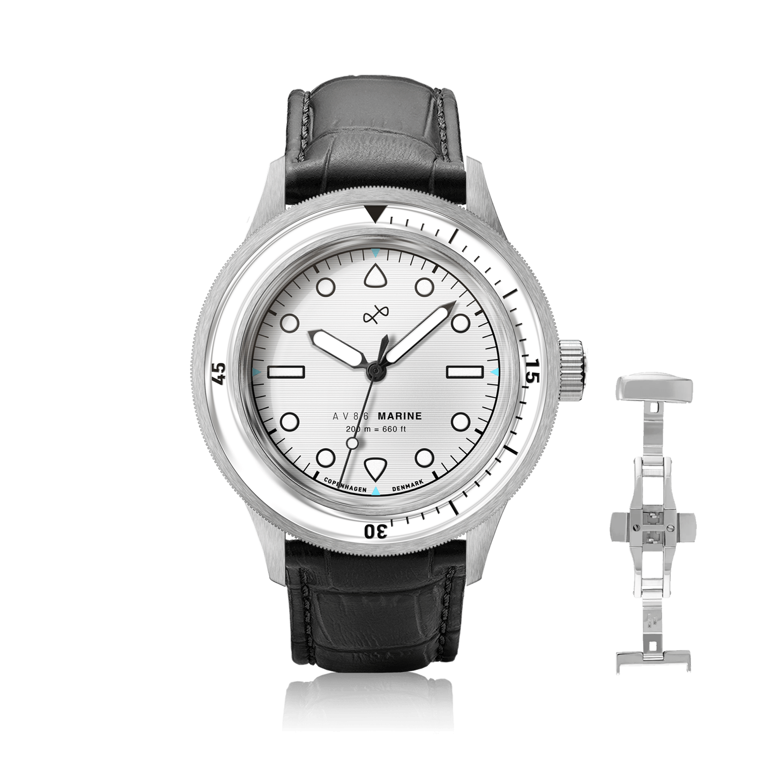 1956 Marine by AV86 vintage-inspired diver with sapphire crystal, rotating bezel, and black leather strap with deployant clasp