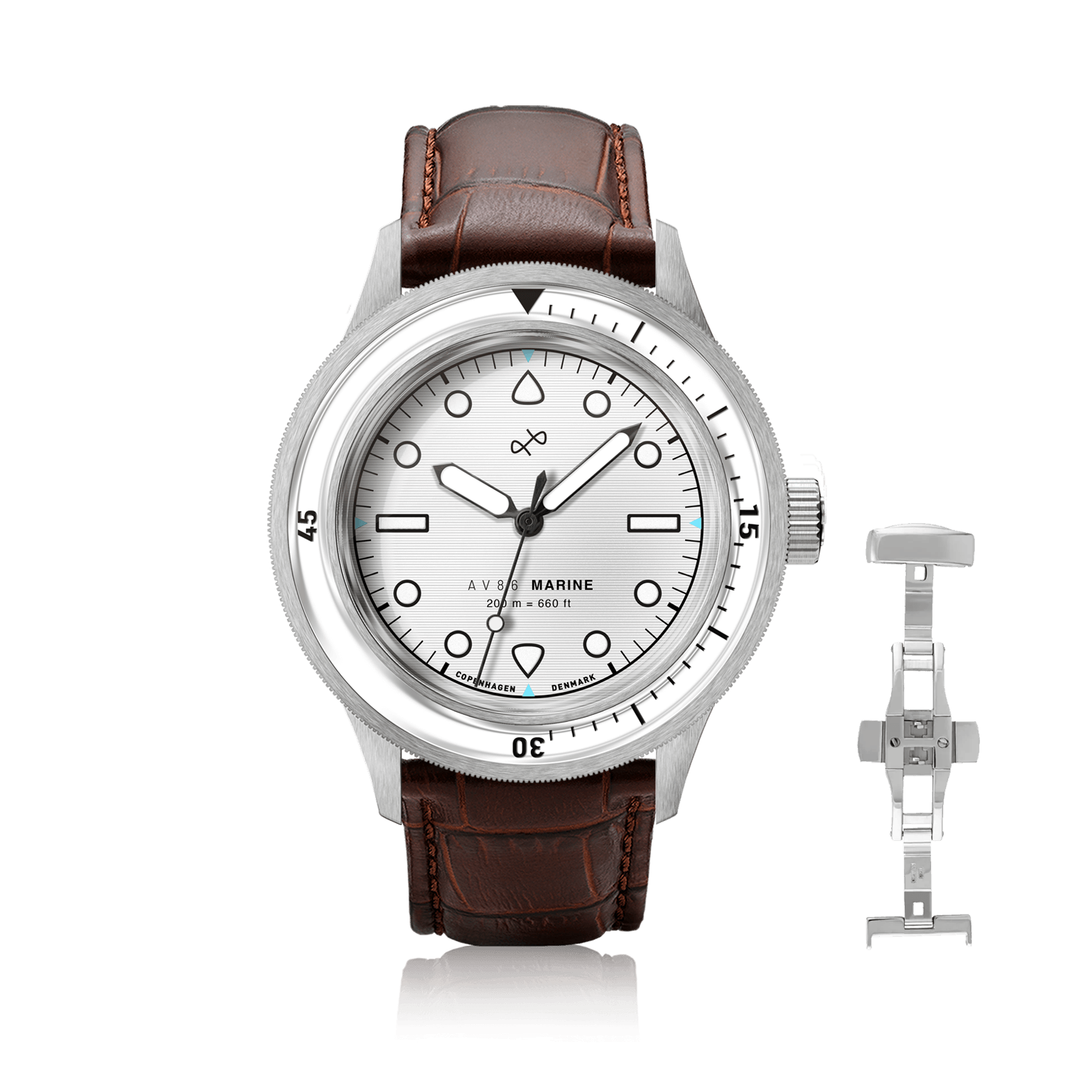 1956 Marine by AV86 diver with sapphire crystal, rotating bezel, vintage-inspired dial, and brown leather strap with deployment clasp