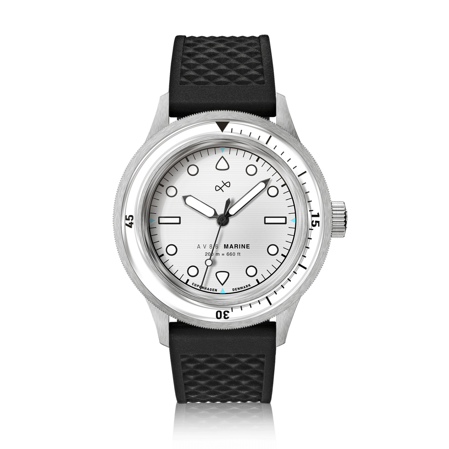 1956 Marine by AV86 luxury diver watch with vintage-inspired dial, sapphire crystal, unidirectional bezel, and textured rubber strap