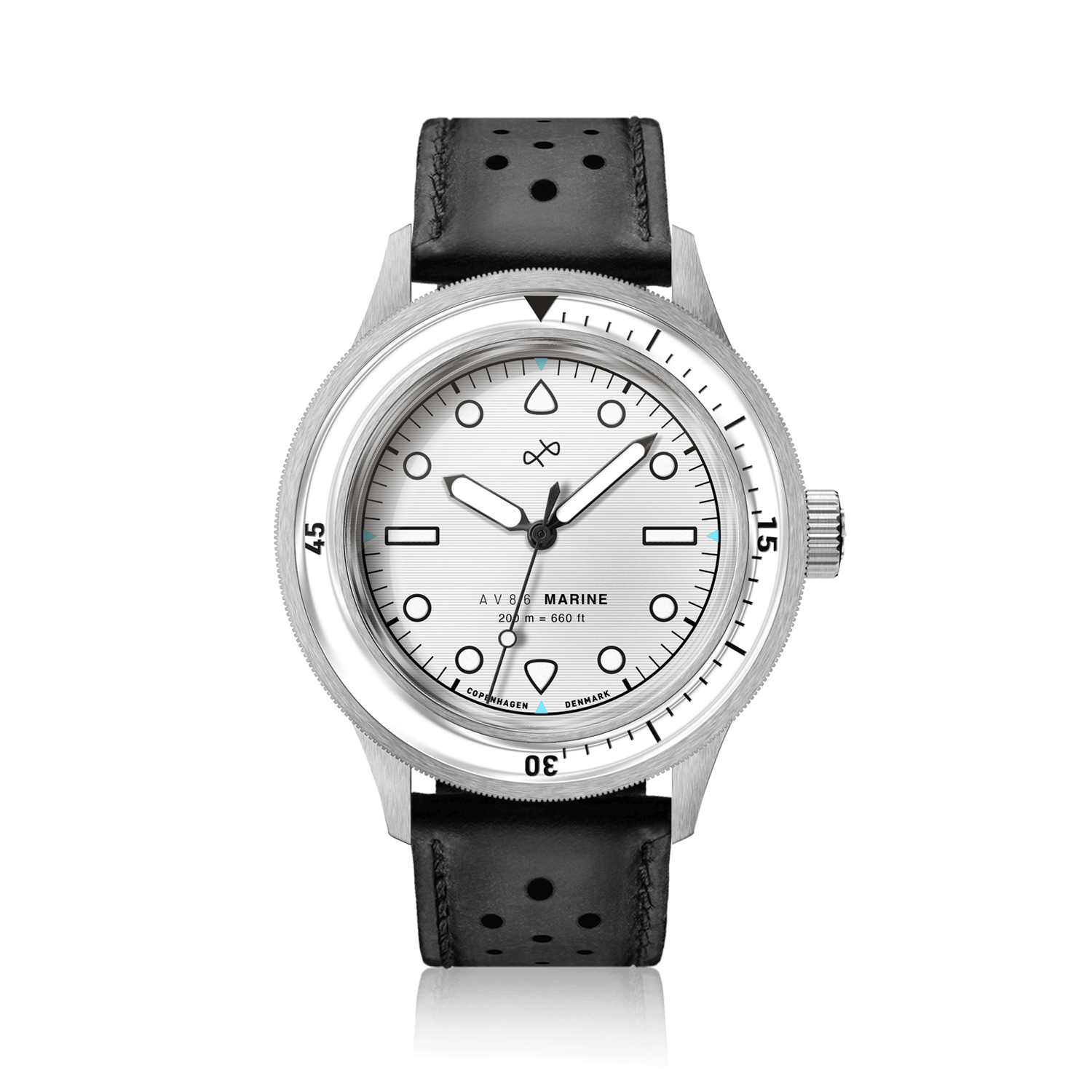 1956 Marine by AV86 vintage-inspired diver with sapphire crystal, compass bezel, and perforated black leather strap