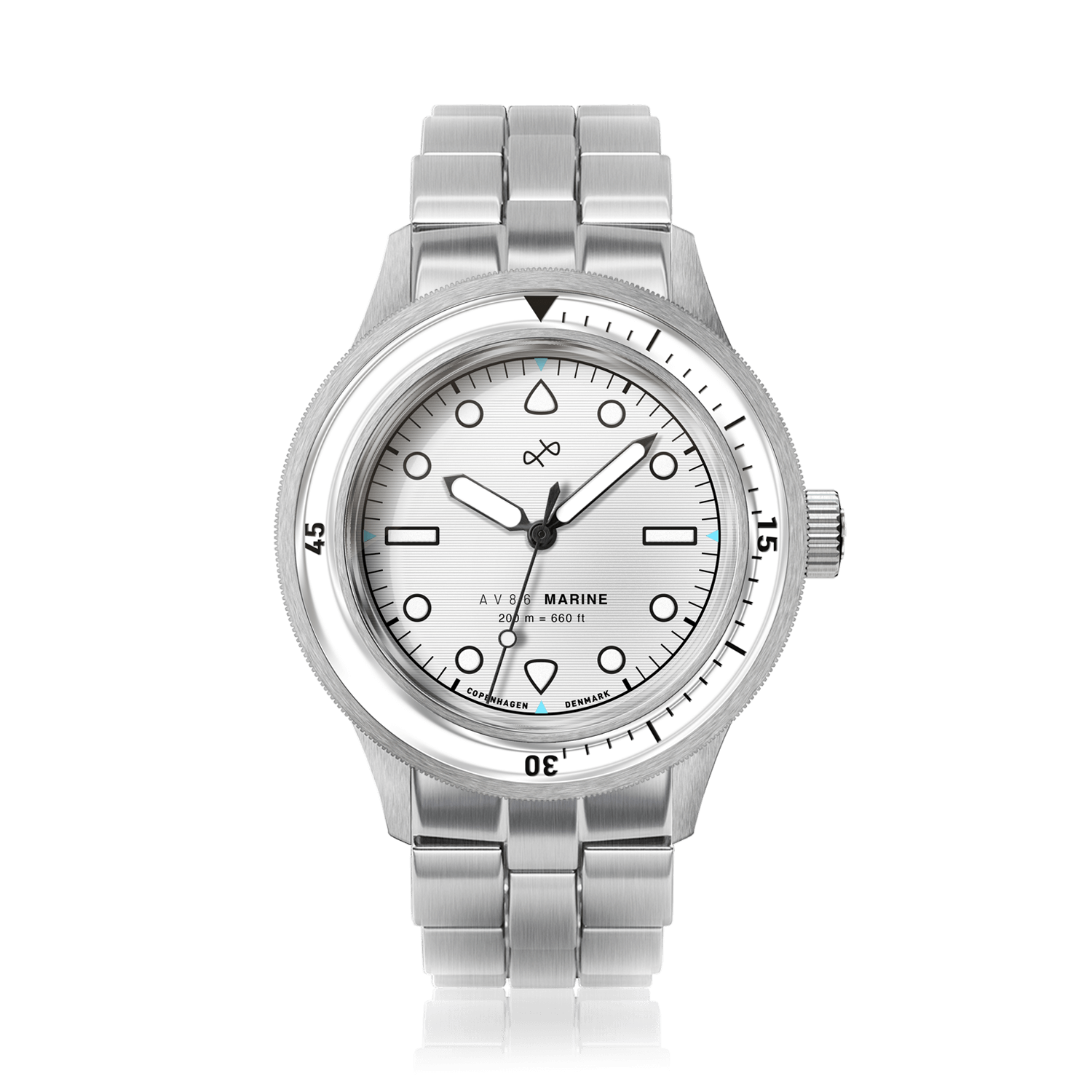 1956 Marine by AV86 vintage-inspired diver with sapphire crystal, rotating bezel, and brushed metal bracelet strap