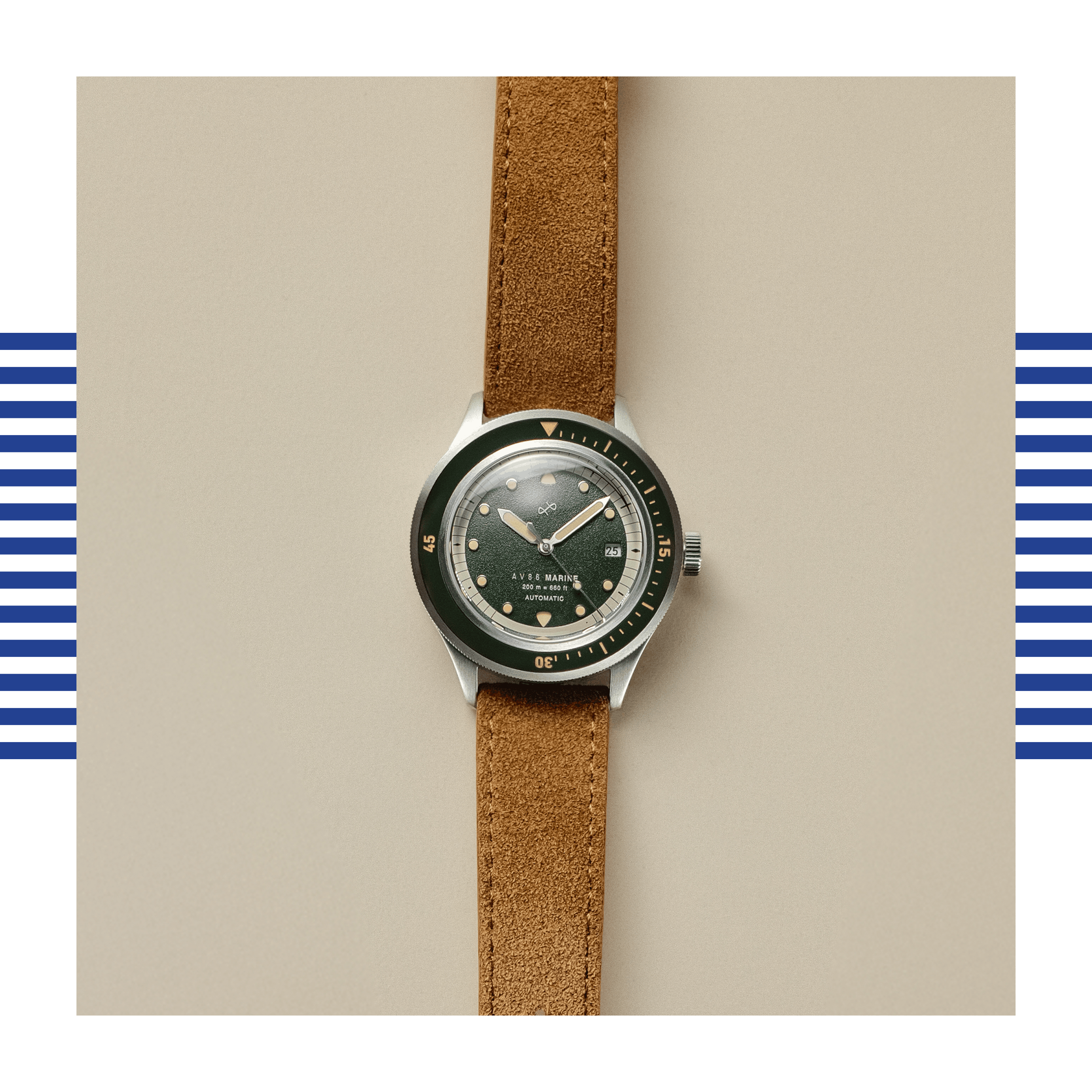 Vintage-inspired automatic watch with a green dial and stainless steel case paired with a brown suede strap.