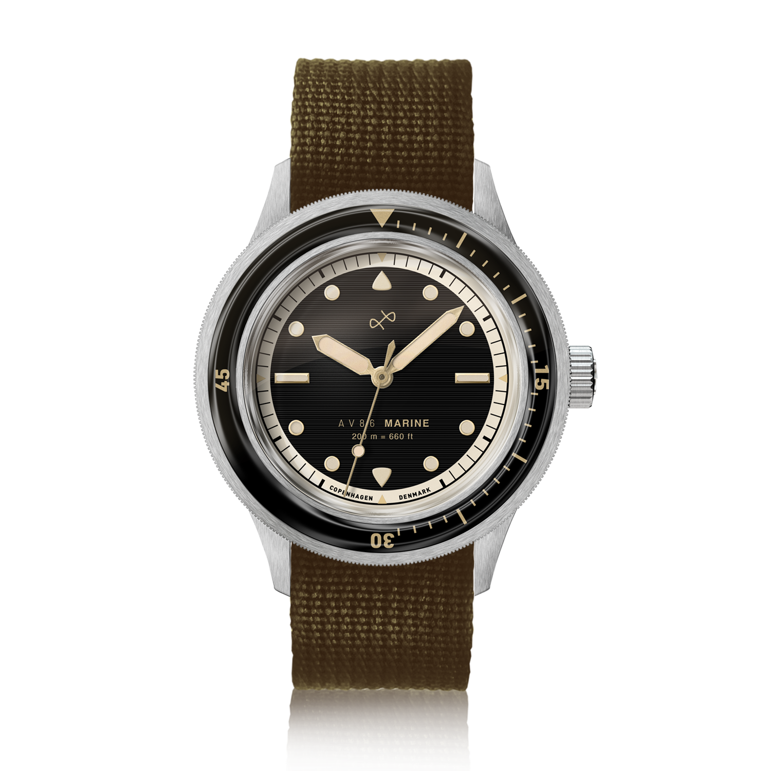 1956 Marine by AV86 vintage-inspired diver with sapphire crystal, rotating bezel, and olive fabric strap, Nordic minimalist design