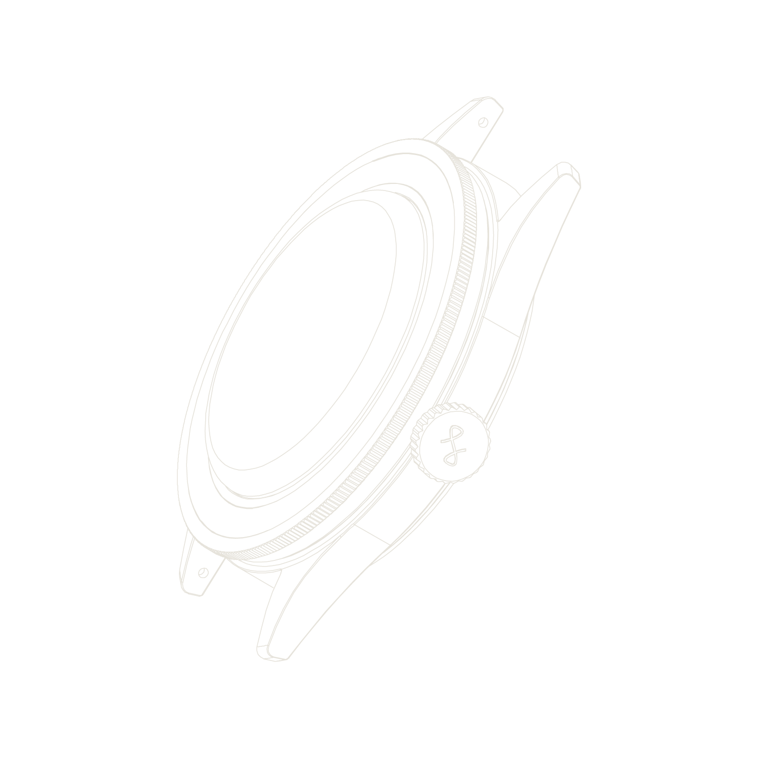 Minimalist outline of a watch case with bezel and crown, reflecting Scandinavian design principles and sleek craftsmanship by AV86